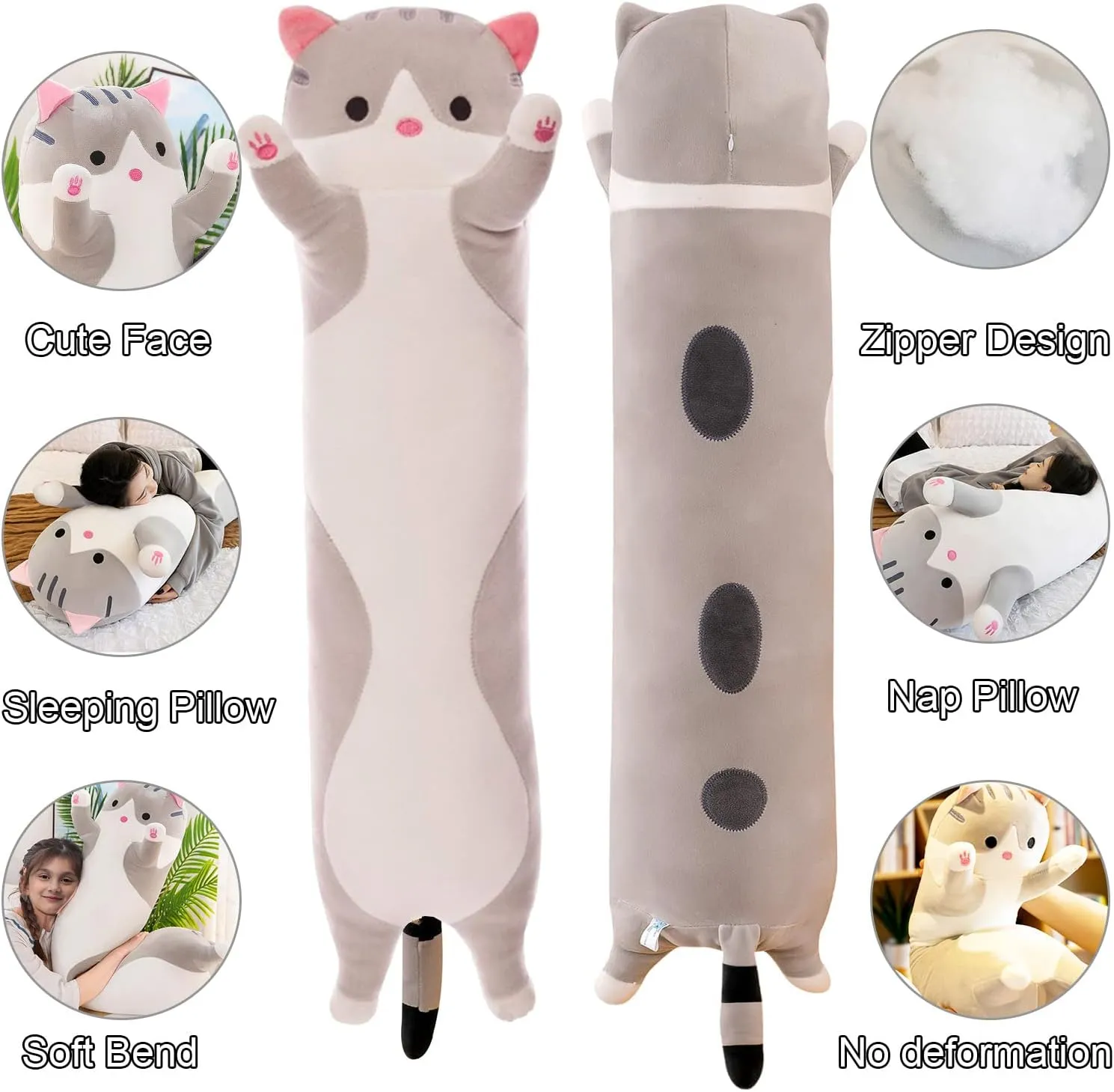 Pillow, surplus injurious Cuddly Soft Long Kitten Body Pillow Doll Cat Cushion Toy for Kids Girlfriend (Gray, 130cm/51.18inch) Giant Cat Pillow Plush Cartoon Kitty Sleeping Hugging 