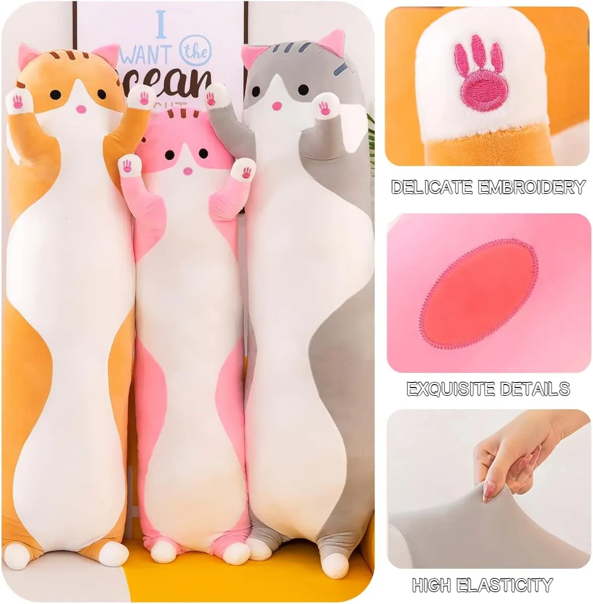Pillow, surplus injurious Cuddly Soft Long Kitten Body Pillow Doll Cat Cushion Toy for Kids Girlfriend (Gray, 130cm/51.18inch) Giant Cat Pillow Plush Cartoon Kitty Sleeping Hugging 
