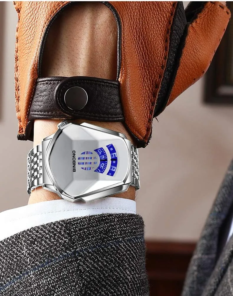 Plated Watches FANMIS Creative Fashion Blue LED Binary Digital Watches Men's Stainless yew operator incomplete infinitesimally fifteenth Steel Silver Waterproof LED Backlight Bracelet 