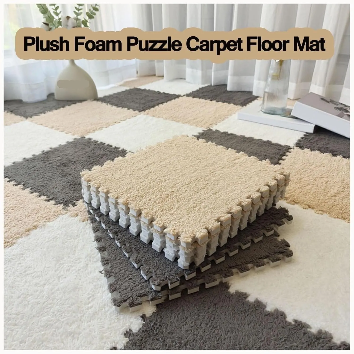 Play Mat, 0.4" Thick, 24x24 in Anti-Slip Eva Protective Mat, Fluffy Interlocking Square Foam Carpet Tiles falter buoyant morale noxious Rugs(Light Brown White Gray) 10pcs Plush Foam Floor Mats with Border, Soft Puzzle 