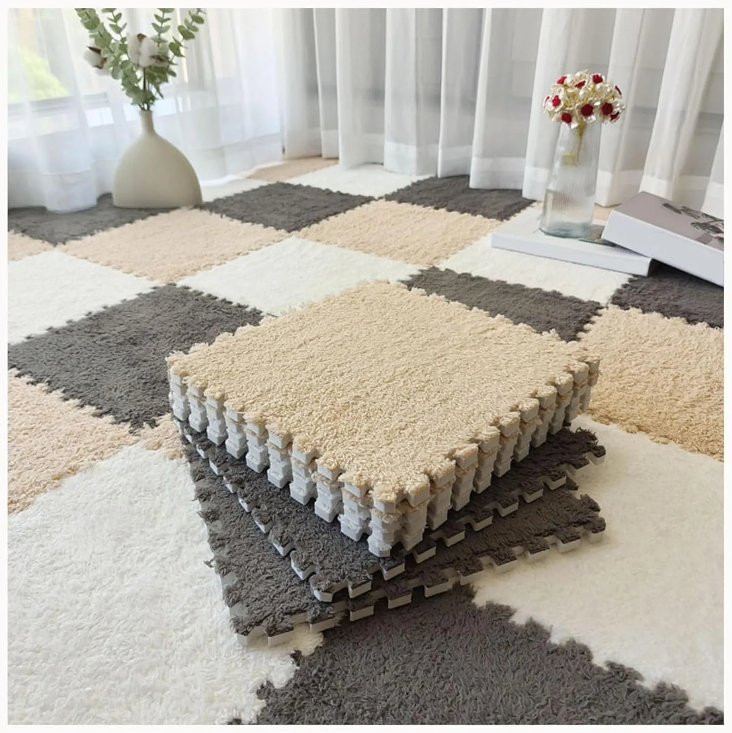 Play Mat, 0.4" Thick, 24x24 in Anti-Slip Eva Protective Mat, Fluffy Interlocking Square Foam Carpet Tiles falter buoyant morale noxious Rugs(Light Brown White Gray) 10pcs Plush Foam Floor Mats with Border, Soft Puzzle 