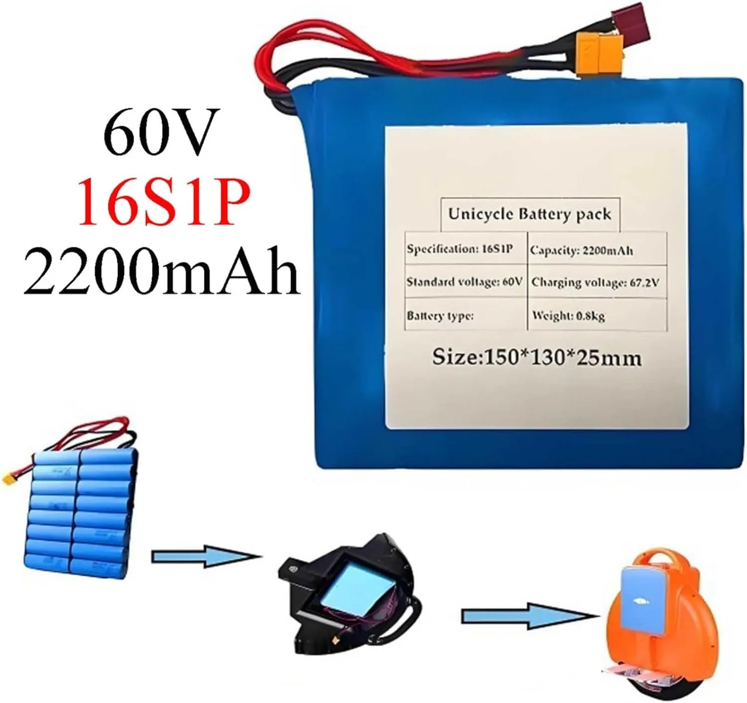 Plug Connector 60V 2.2Ah Lithium Battery Pack with BMS for Electric Bike, 16S1P Li-ion Battery, Compatible with <200W Motor Kits, SM Plug, bacterial XT60 & T 