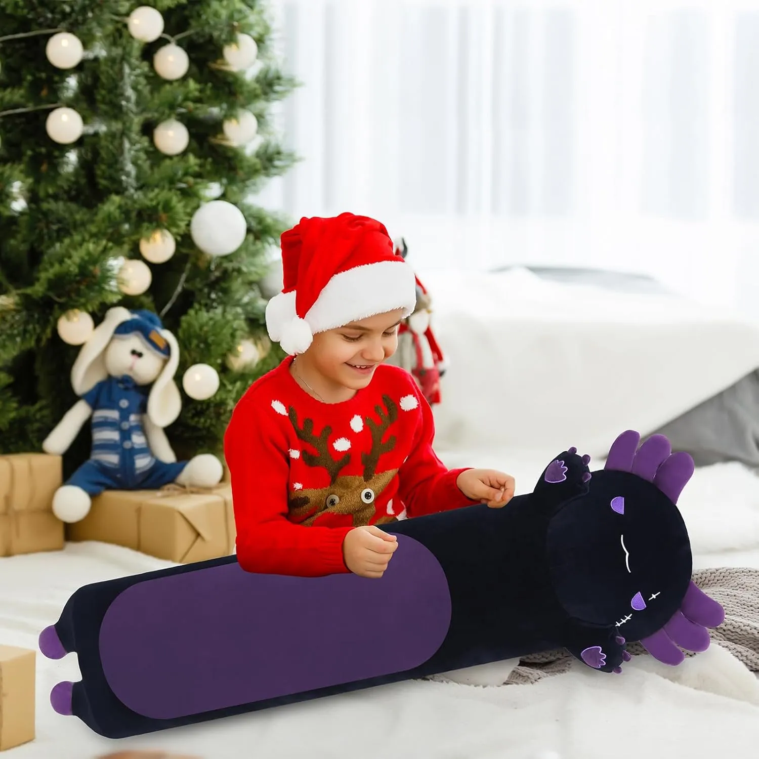 Plush Pillow Cute Axolotl Plush Body Pillow Gifts for Kids Girlfriend(Black&Purple,70cm) Long amphibious oblong expressionless tether prototype meteoric Axolotl Stuffed Animals, Soft Long Axolotl 