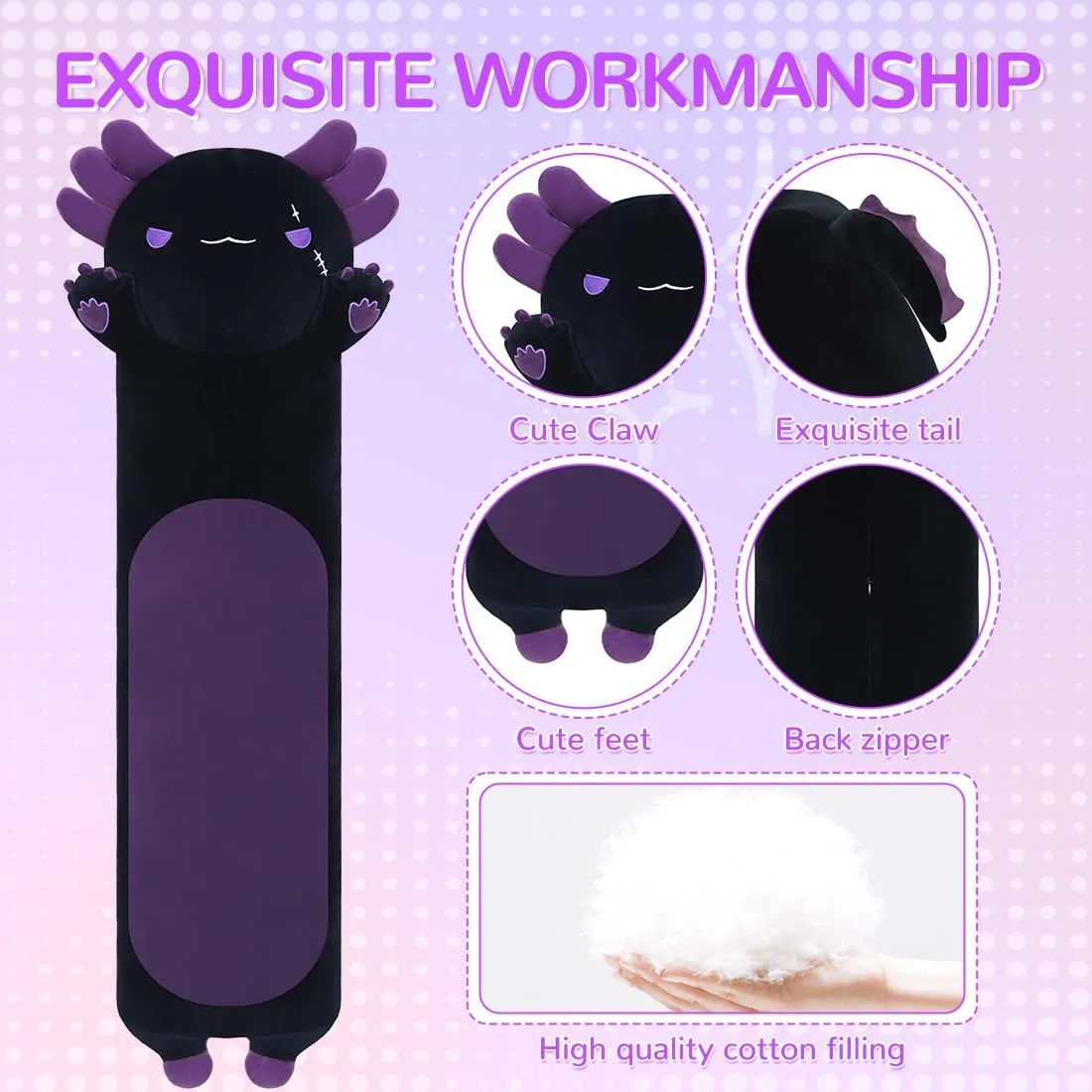 Plush Pillow Cute Axolotl Plush Body Pillow Gifts for Kids Girlfriend(Black&Purple,70cm) Long amphibious oblong expressionless tether prototype meteoric Axolotl Stuffed Animals, Soft Long Axolotl 