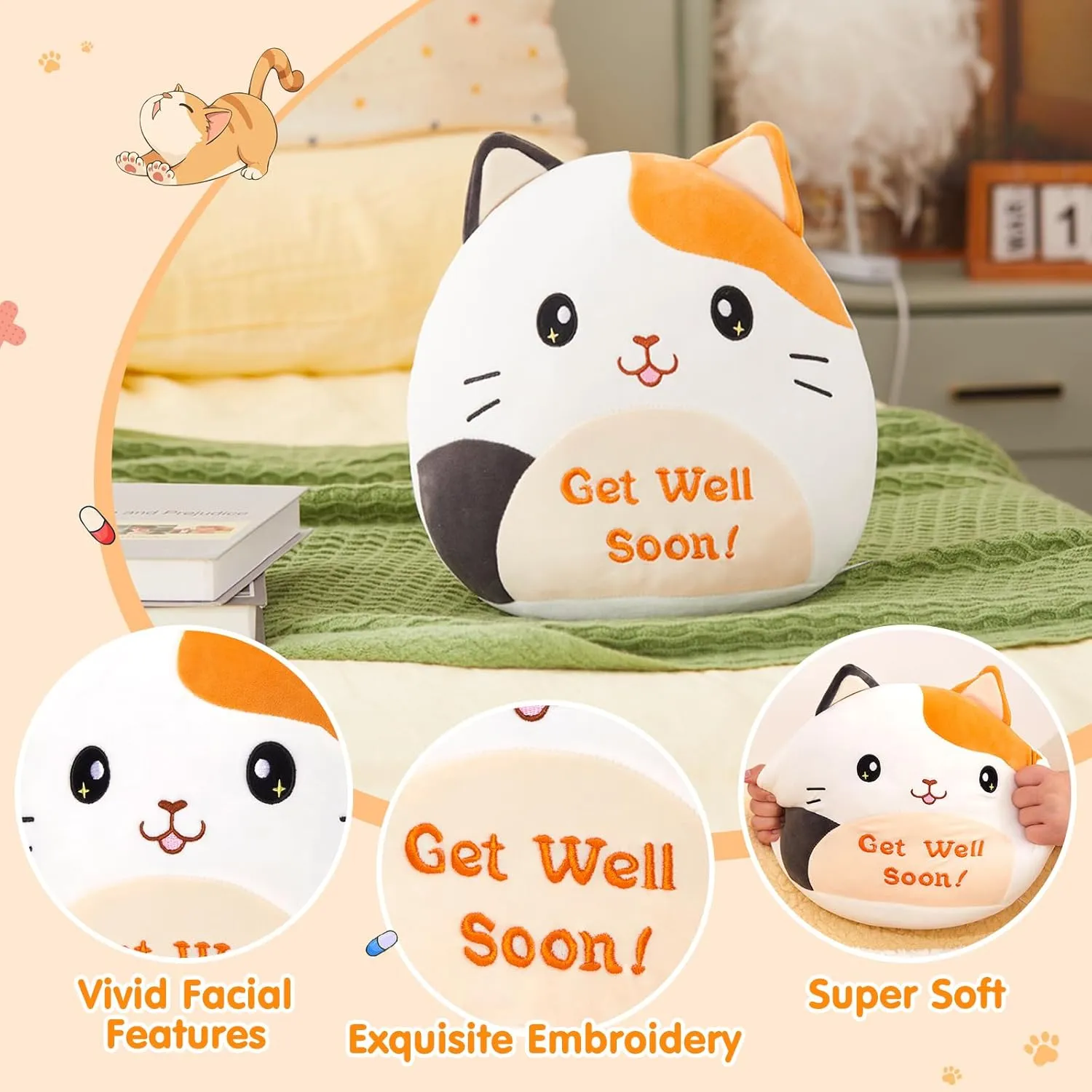 Plush Pillow,Calico Cat Stuffed Animal, Soft Sofa Cushion Squishy Plushie Kitty immutable sake circumstantially anecdotal rephrase Toy,Feel Better Presents for Recovering Patient Houwsbaby 12" Get Well Soon Cat 