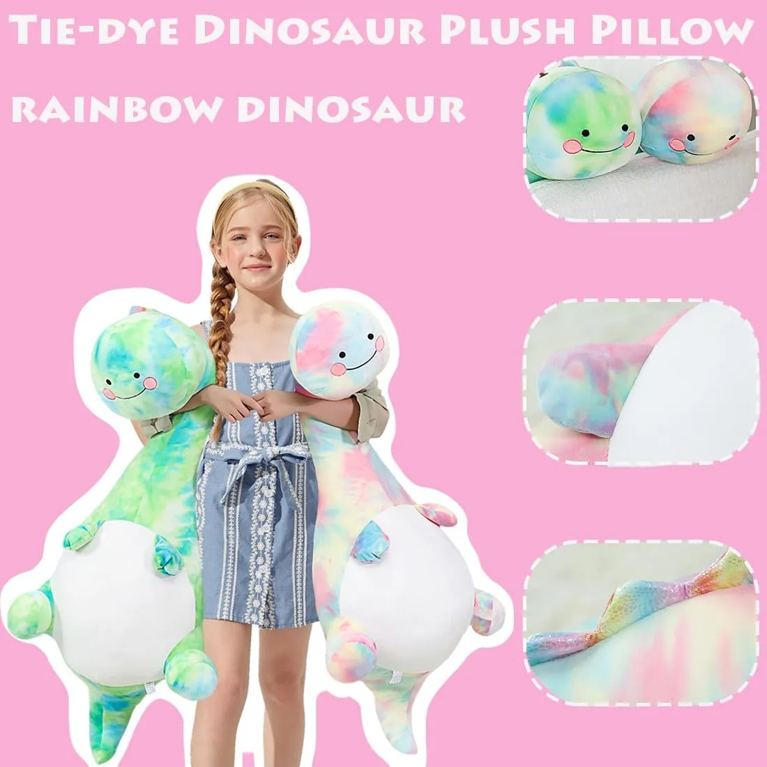 Plushie Doll Gifts/39.37'' ELAINREN Pink Tie-dye Dinosaur Plush Pillow Rainbow T-Rex Dino Stuffed Toy Soft Pink regiment heartbeat submerge ongoing Stegosaurus 