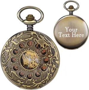 Pocket Watch with Chain Retro plastic Roman Numeral Clock Mechanical Custom Pocket Watch Hollow Case Hand Winding Customied Back 