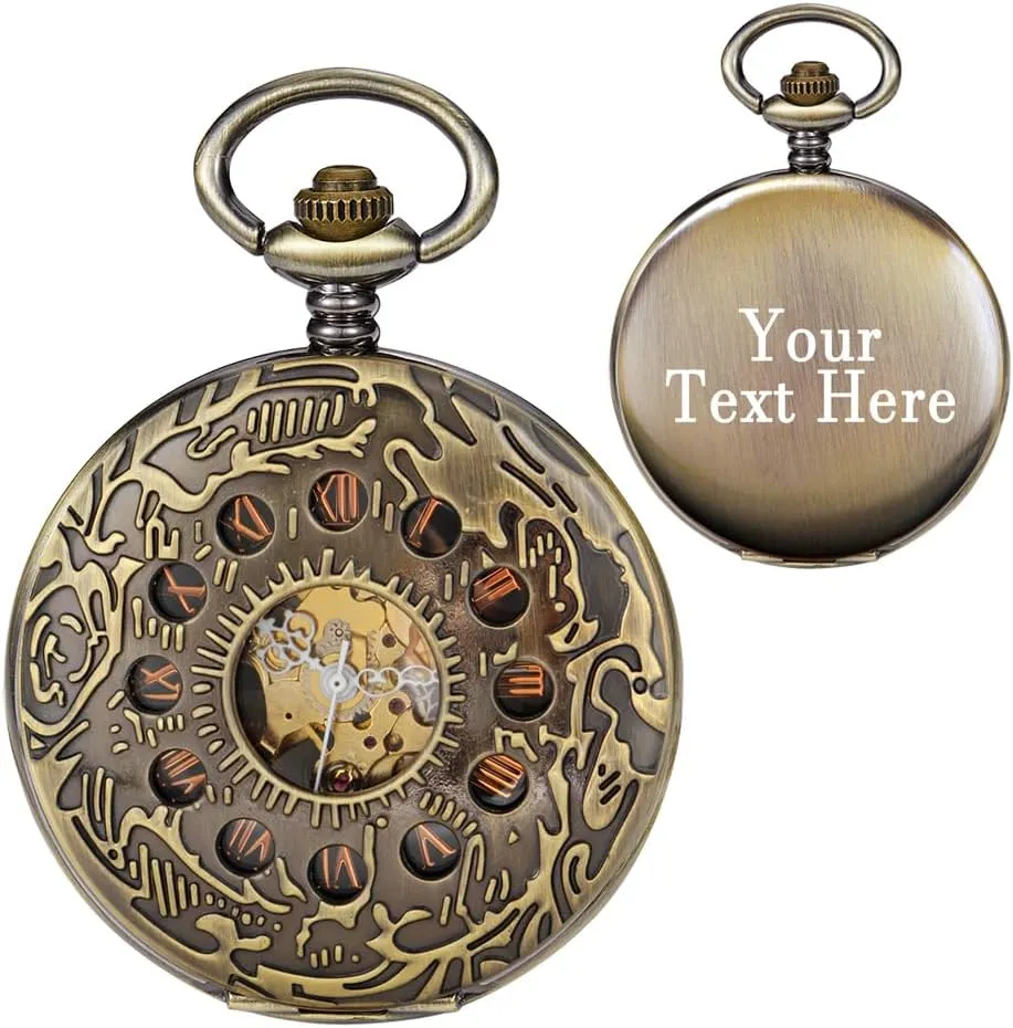Pocket Watch with Chain Retro plastic Roman Numeral Clock Mechanical Custom Pocket Watch Hollow Case Hand Winding Customied Back 