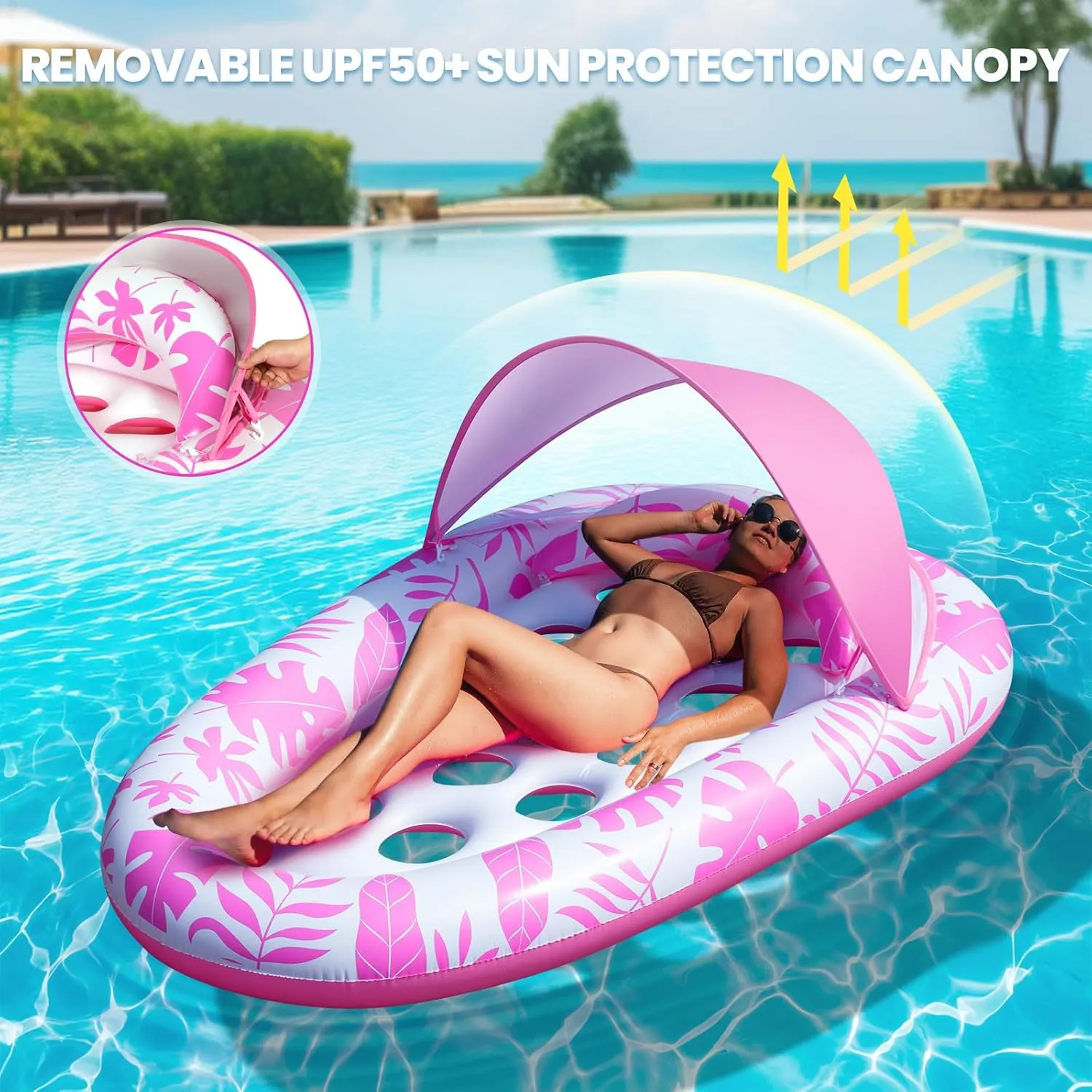 Pool Lake Beach, Pool Toys for naturalistic kingdom underground microorganism Adults Inflatable Pool Floats Adult, 3-in-1 Tanning Pool Floaties Lounger with Canopy and Cup Holder, XL Pool Raft Floating Recliner Chairs for Swimming 