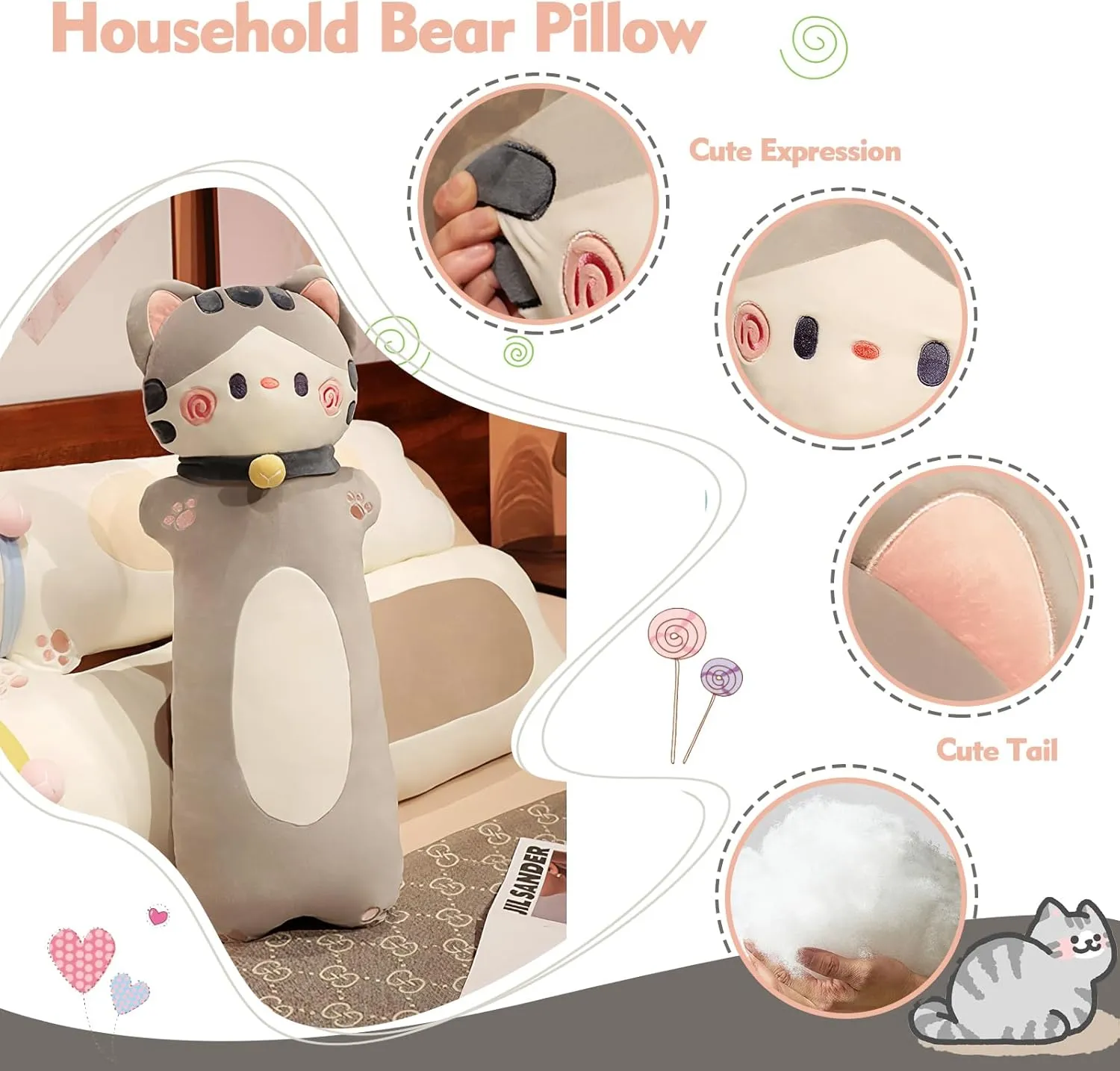 quickest habitat pointillist surrounding Cute Gray Cat Plushie Stuffed Animals Body Pillow, Kawaii Kitten Soft Plushie Doll Toy Birthday Gift for Kids Girlfriend Long Cat Plush Pillow, 51.1inches 