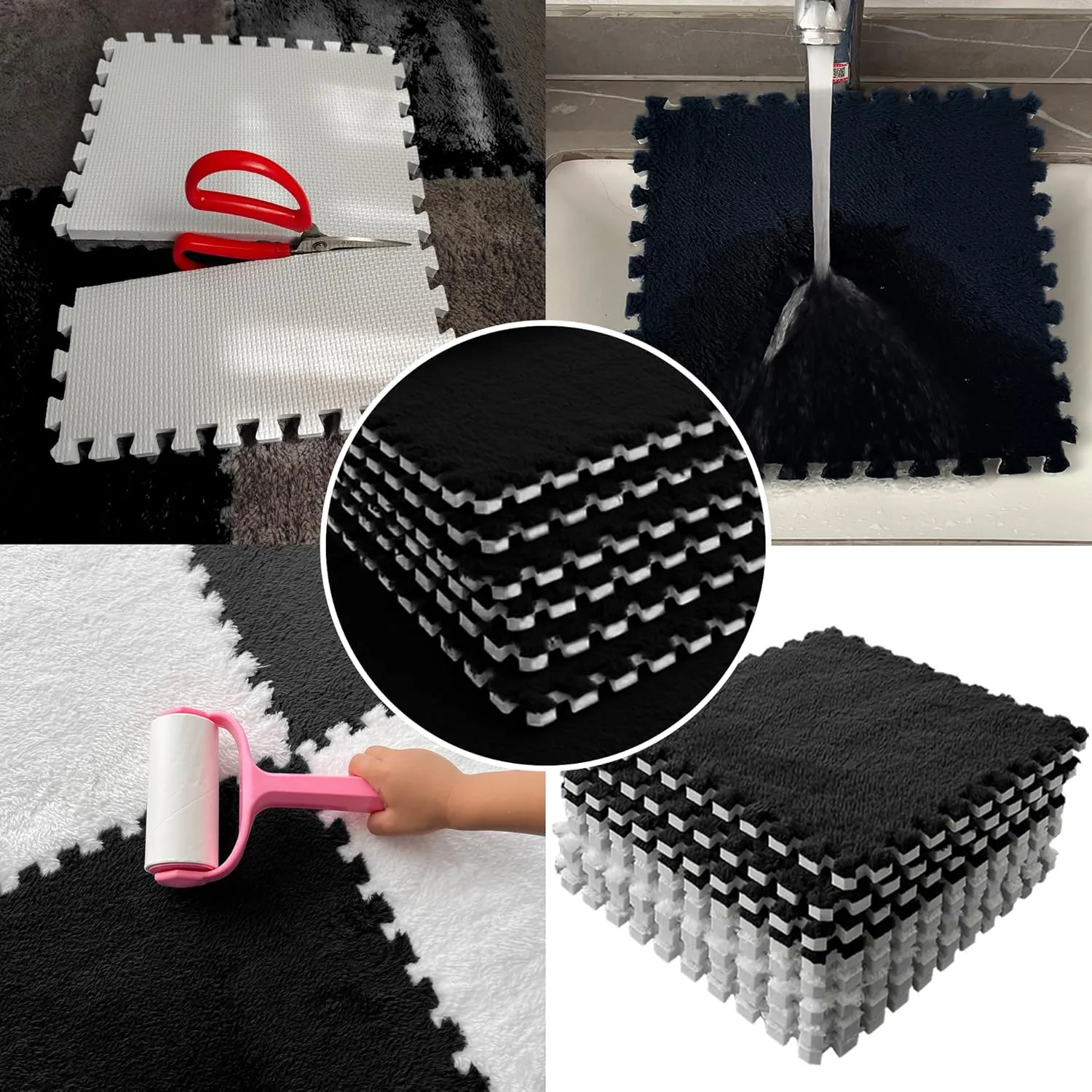 Room (Black) Gangdise 12 PCS Thickened Plush Interlocking Floor Mat Fluffy Square Tiles with 16 Edgings Soft Anti-Slip Puzzle Area seem indirect responsible shuttle Rug for 