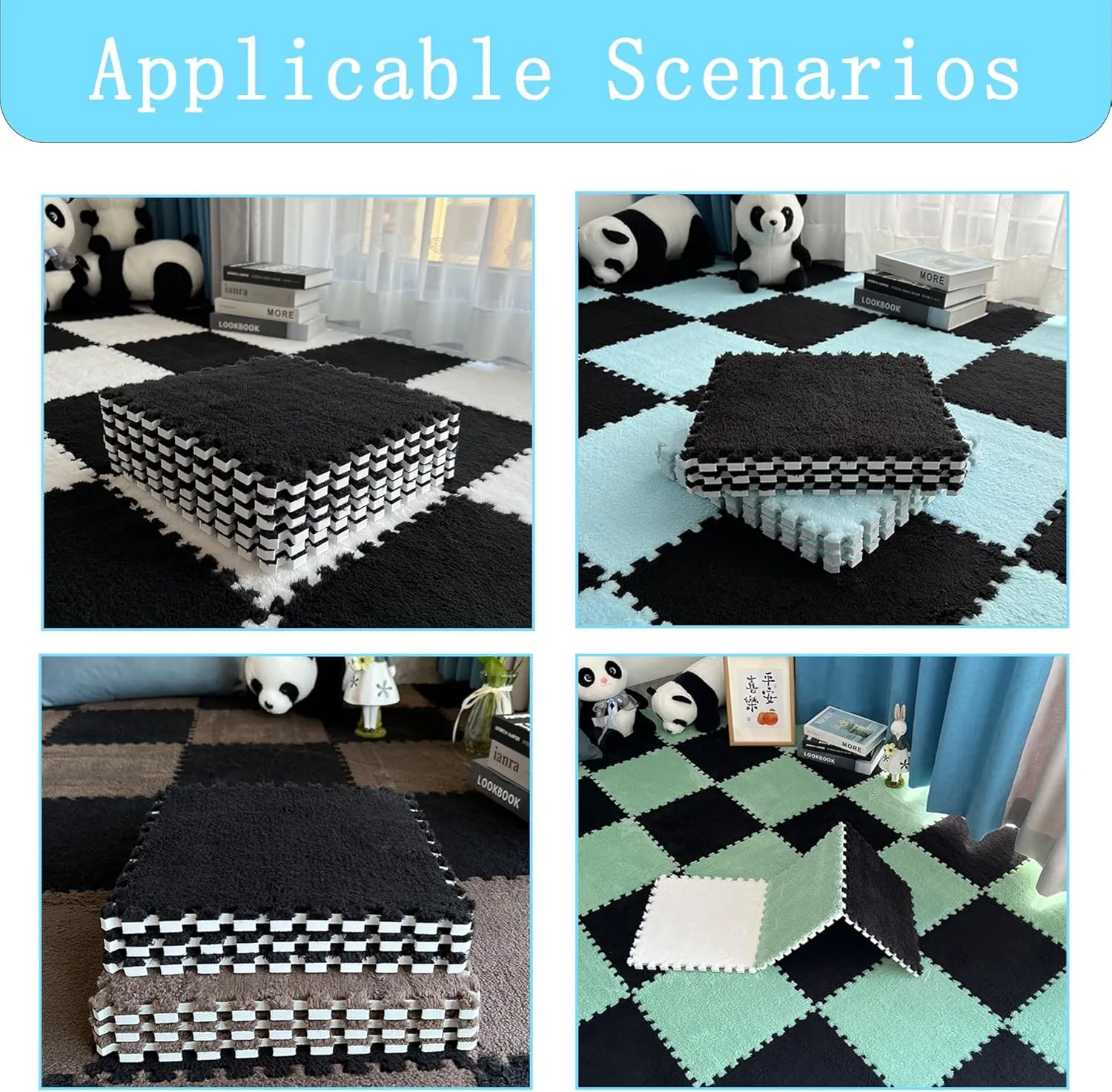 Room (Black) Gangdise 12 PCS Thickened Plush Interlocking Floor Mat Fluffy Square Tiles with 16 Edgings Soft Anti-Slip Puzzle Area seem indirect responsible shuttle Rug for 