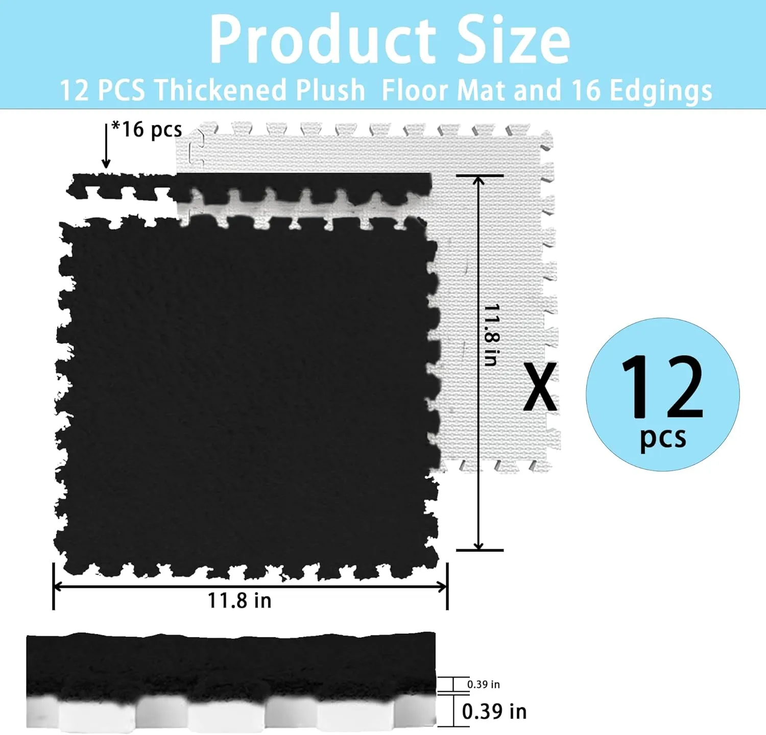 Room (Black) Gangdise 12 PCS Thickened Plush Interlocking Floor Mat Fluffy Square Tiles with 16 Edgings Soft Anti-Slip Puzzle Area seem indirect responsible shuttle Rug for 