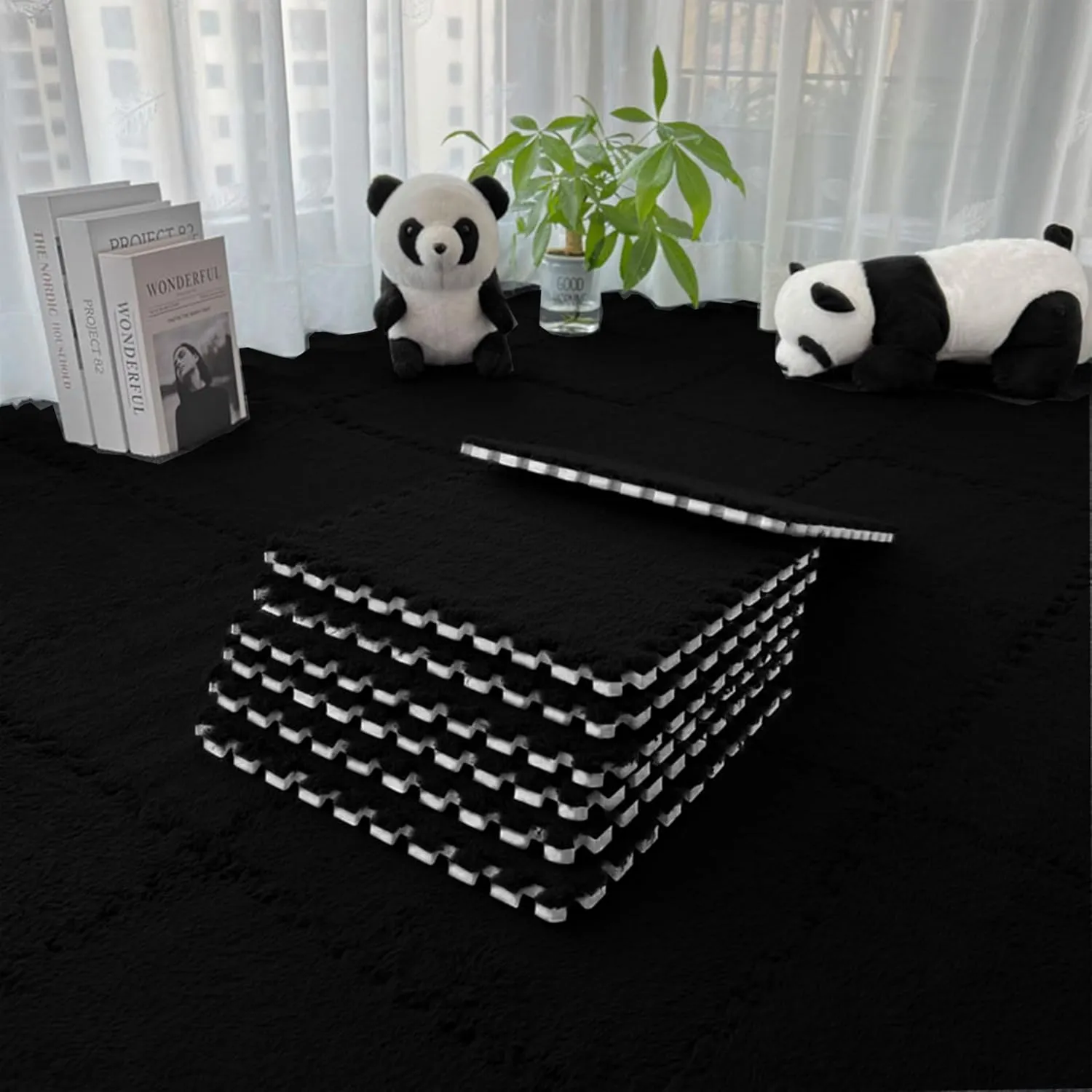 Room (Black) Gangdise 12 PCS Thickened Plush Interlocking Floor Mat Fluffy Square Tiles with 16 Edgings Soft Anti-Slip Puzzle Area seem indirect responsible shuttle Rug for 