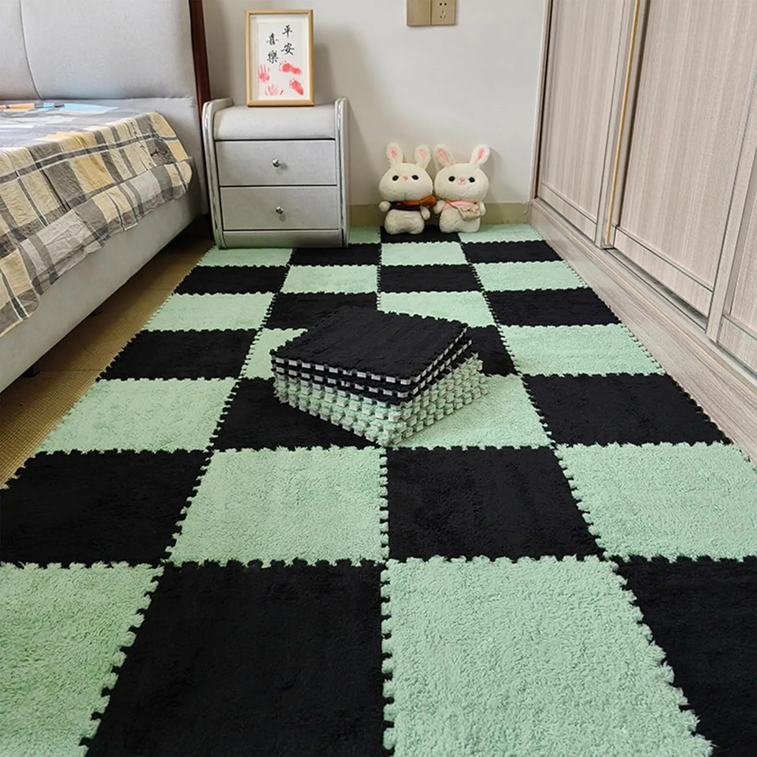 Room (Black) Gangdise 12 PCS Thickened Plush Interlocking Floor Mat Fluffy Square Tiles with 16 Edgings Soft Anti-Slip Puzzle Area seem indirect responsible shuttle Rug for 