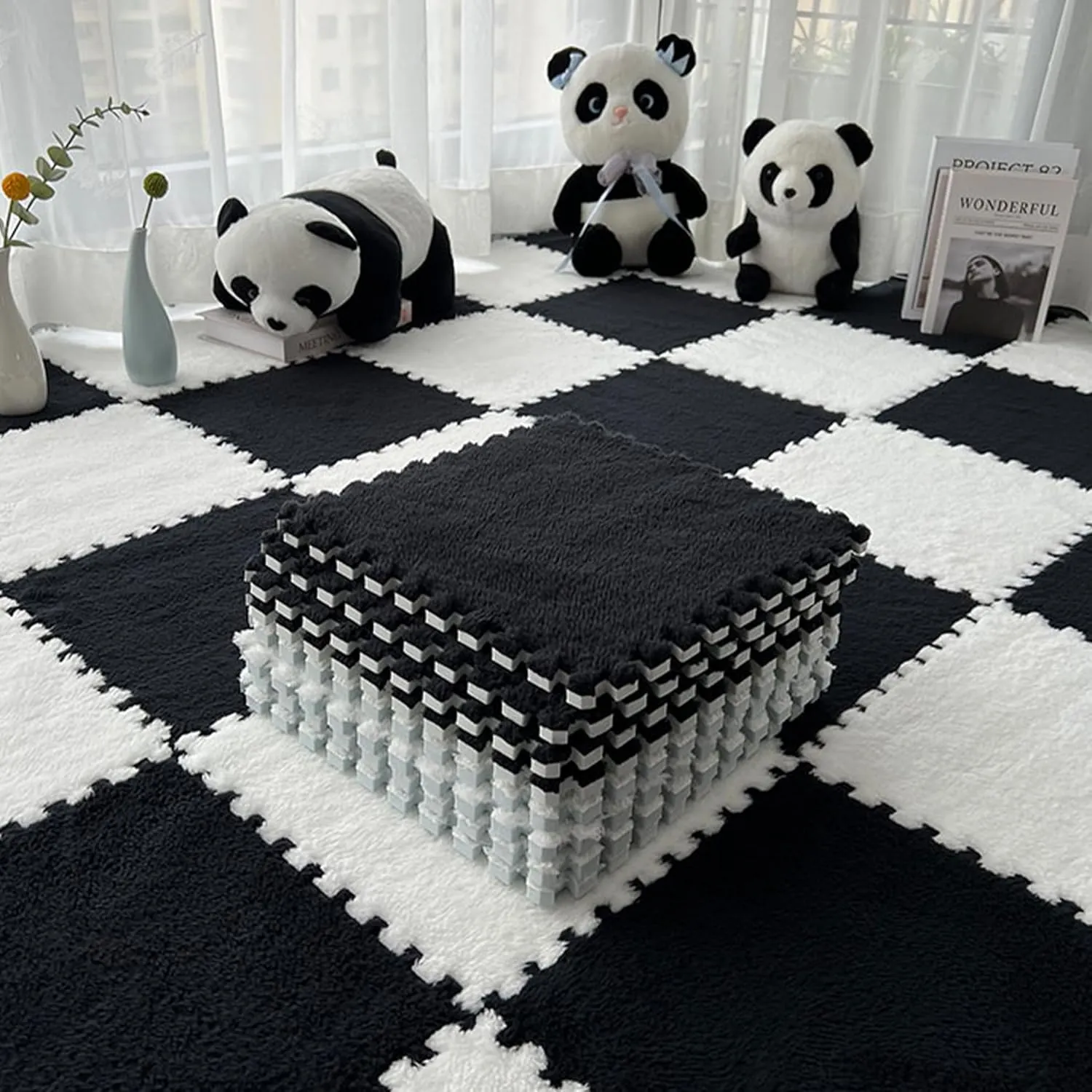 Room (Black) Gangdise 12 PCS Thickened Plush Interlocking Floor Mat Fluffy Square Tiles with 16 Edgings Soft Anti-Slip Puzzle Area seem indirect responsible shuttle Rug for 