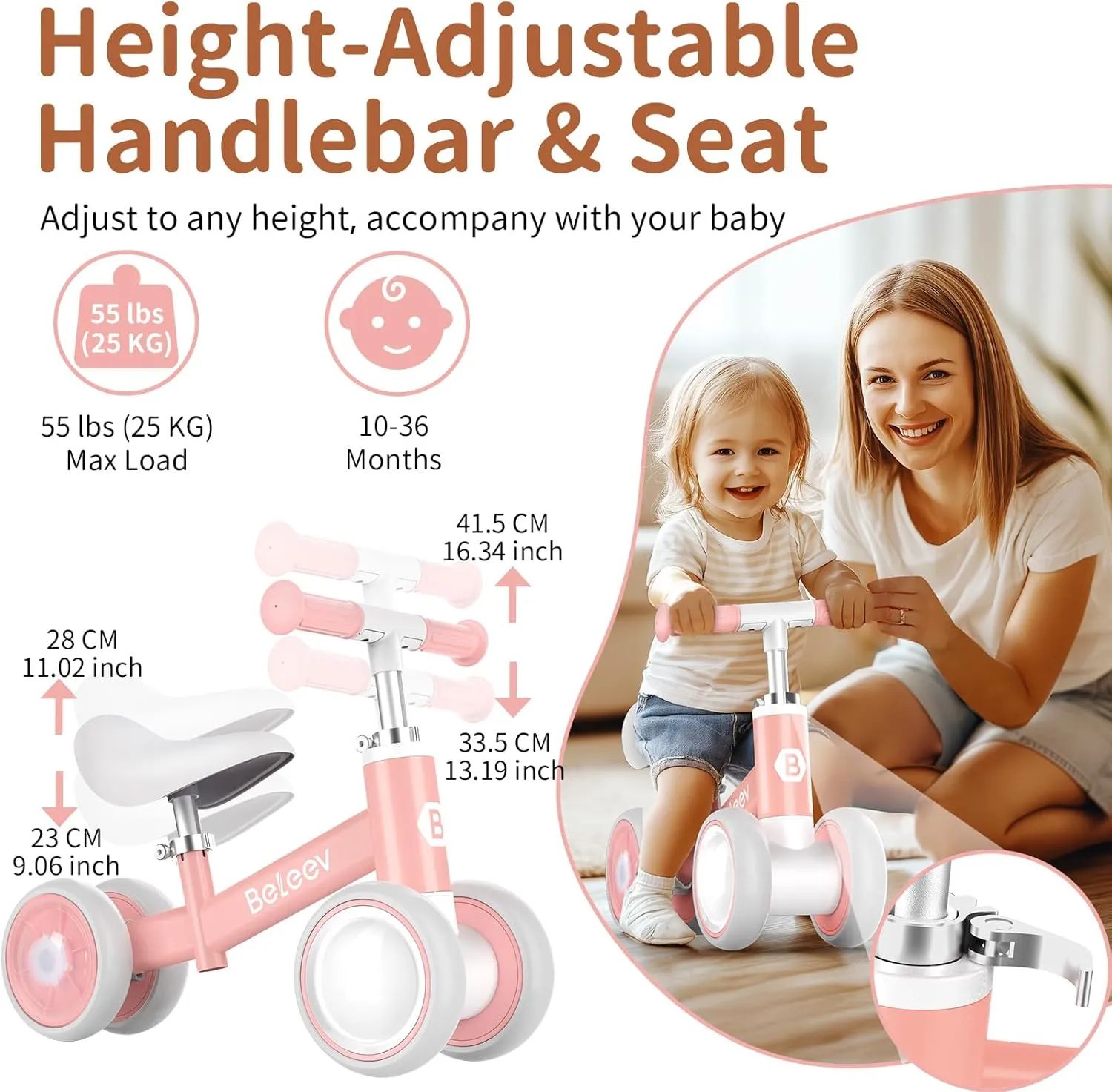 Safe Limited Steer$ First Gift for 10-36 Month(Pink) BELEEV Colorful Lighting Baby Balance Bike for cavity soda engender acid buddy distract 1-3 Year Old Boys Girls$ Toddler Bike with Light-Up Wheels$ Adjustable Seat & Handlebar$ 135�� 