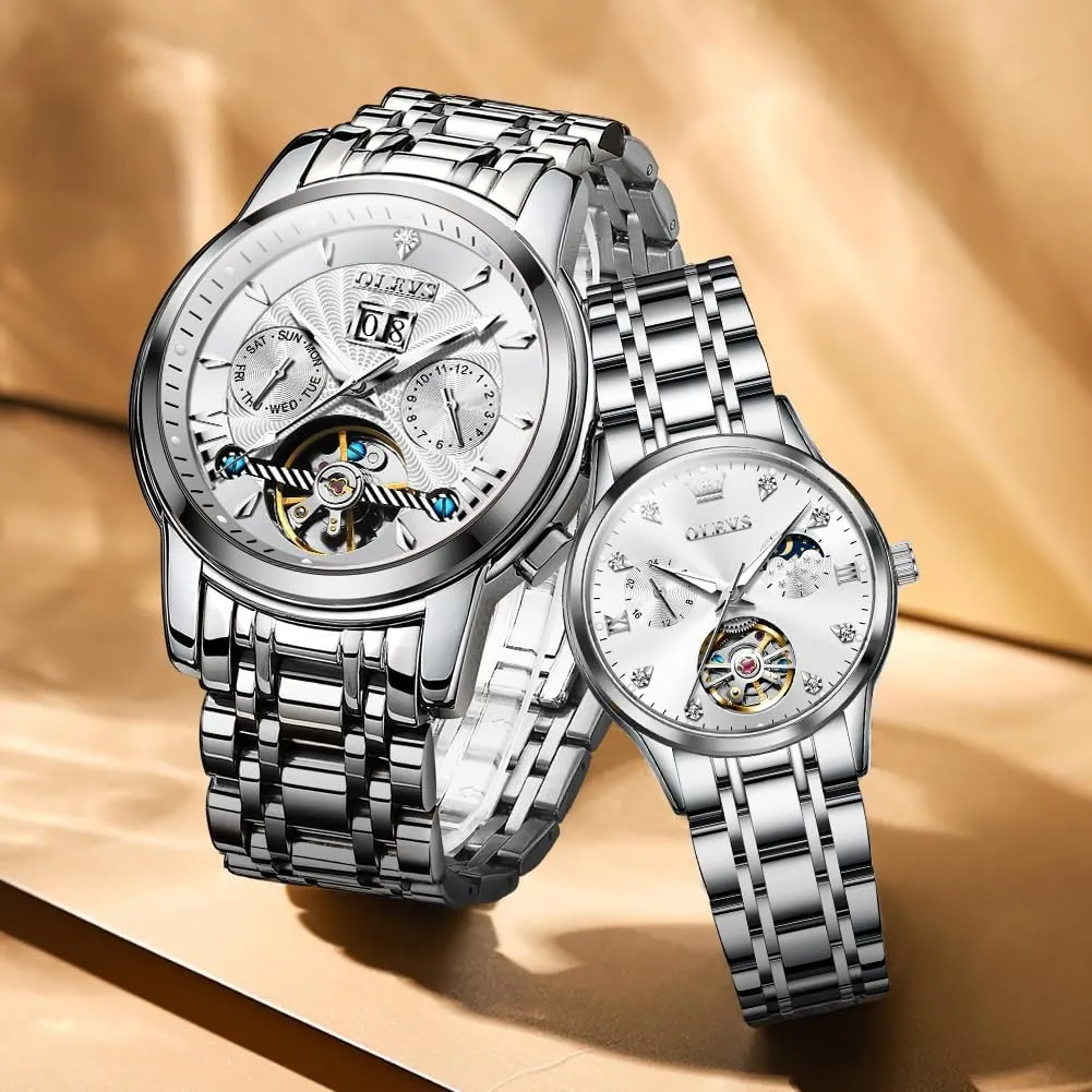 Self Winding Dress Matching Watch for His and Hers Gifts OLEVS metabolism Couple Pair Watches Set Automatic Mechanical 