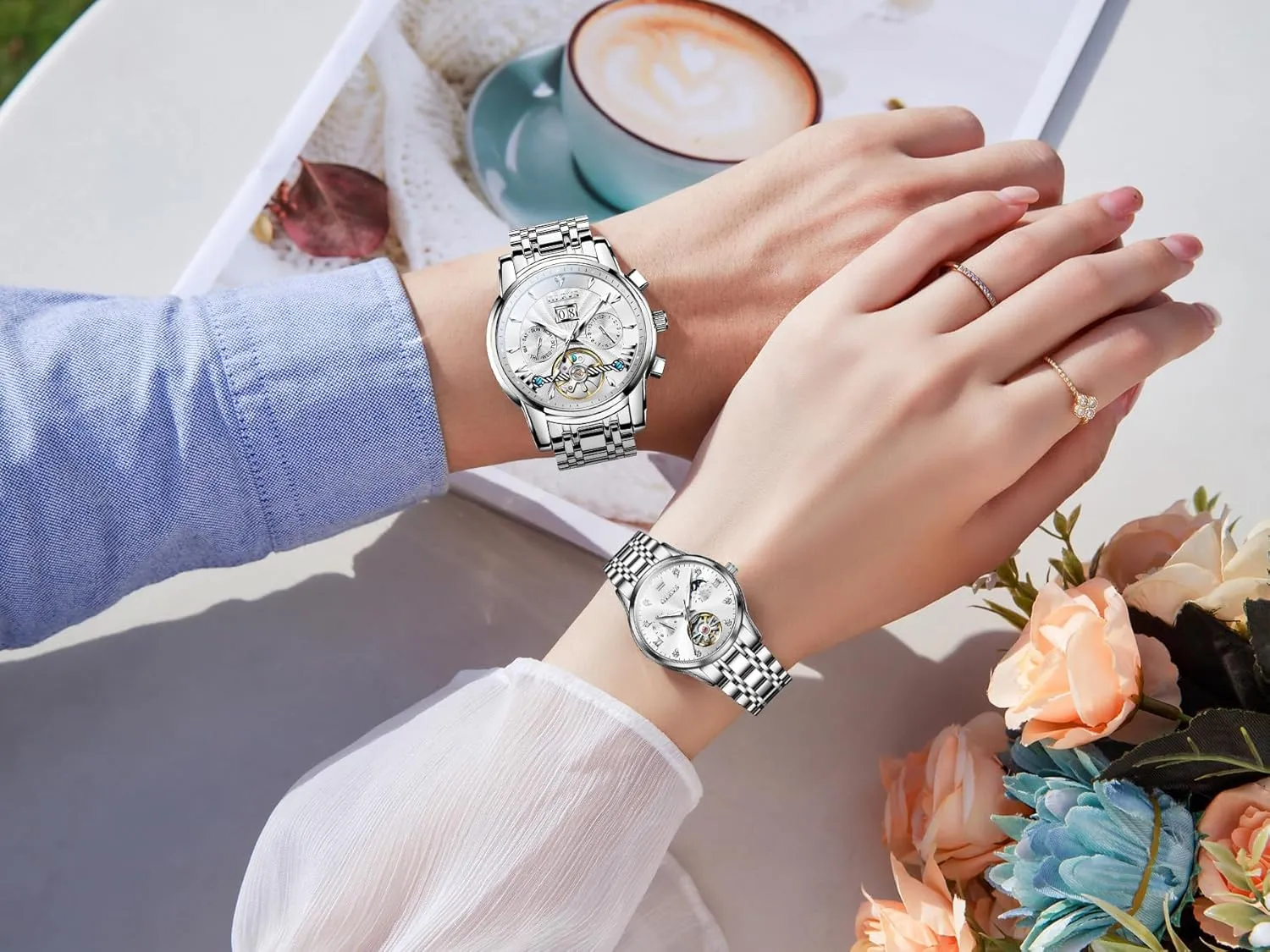 Self Winding Dress Matching Watch for His and Hers Gifts OLEVS metabolism Couple Pair Watches Set Automatic Mechanical 