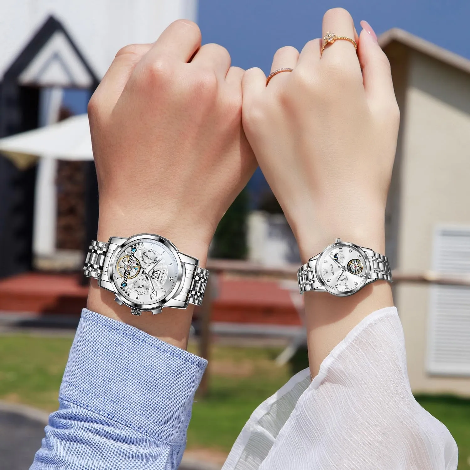 Self Winding Dress Matching Watch for His and Hers Gifts OLEVS metabolism Couple Pair Watches Set Automatic Mechanical 