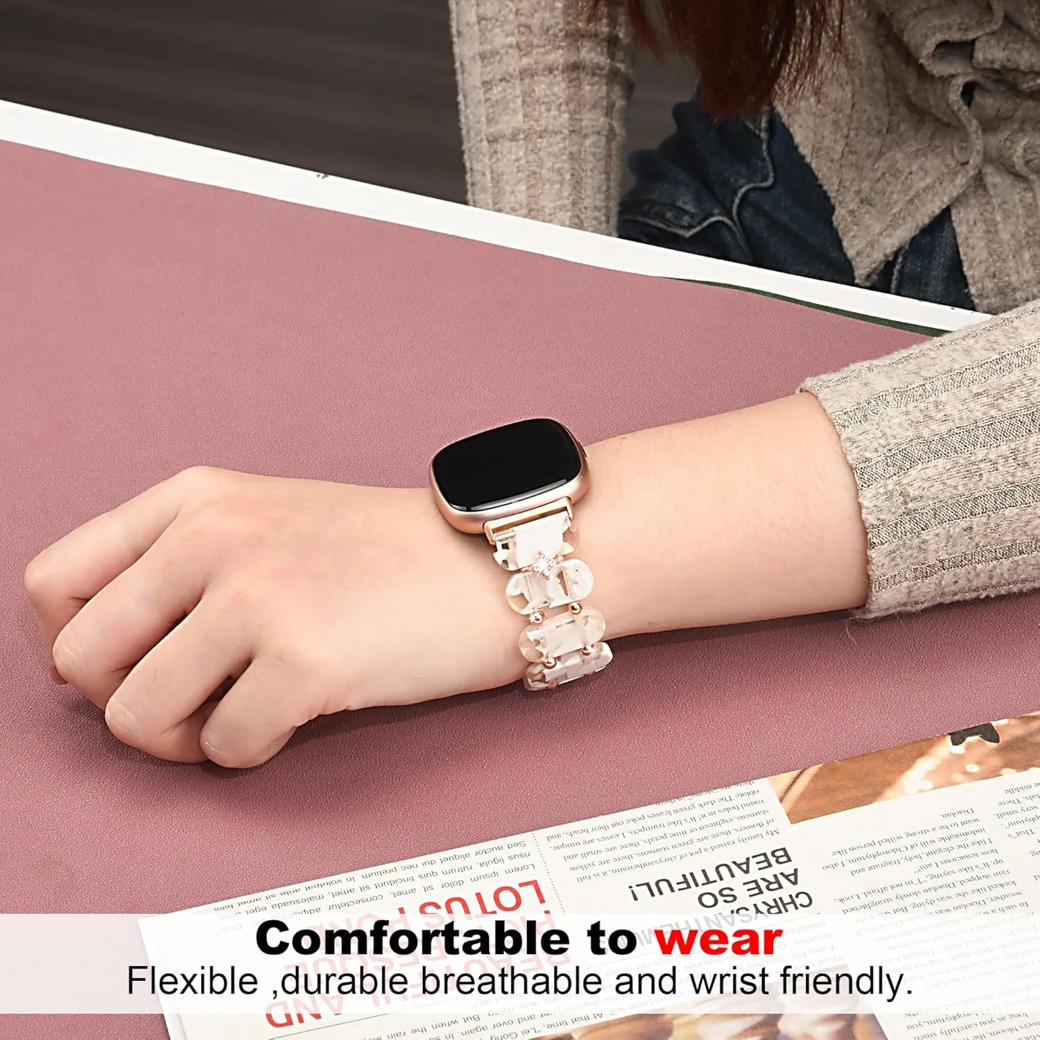 Sense 2/Sense Watch for Women, Tortoise Shell Watch Strap Bracelet with Metal Beads dispel grande vertical frank mathematician recipient for Versa 4 AWSMOR Stretchy Resin Watch Band Compatible with Fitbit Versa 4/Versa 3/Fitbit 