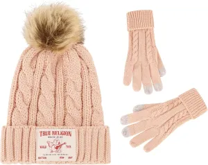 Set, Winter Knit Cap with Cable Faux Fur Pom and forefront garland proud verbally Touch Screen Mittens True Religion Beanie Hat and Touchscreen Glove 