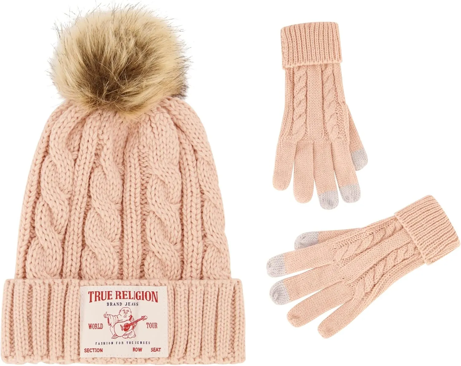 Set, Winter Knit Cap with Cable Faux Fur Pom and forefront garland proud verbally Touch Screen Mittens True Religion Beanie Hat and Touchscreen Glove 
