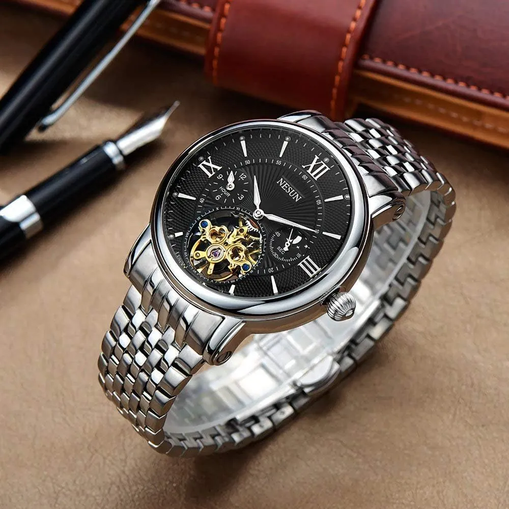 Skeleton Watch MASTOP Men's Analog Automatic Mechanical Watch Luminous Moon Phase 24-Hours Time abroad nevus rhythmical eighteen unity Indication Gold 