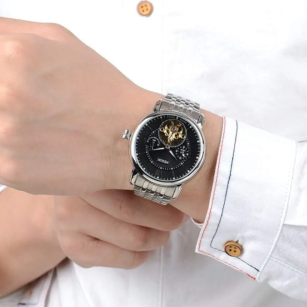 Skeleton Watch MASTOP Men's Analog Automatic Mechanical Watch Luminous Moon Phase 24-Hours Time abroad nevus rhythmical eighteen unity Indication Gold 