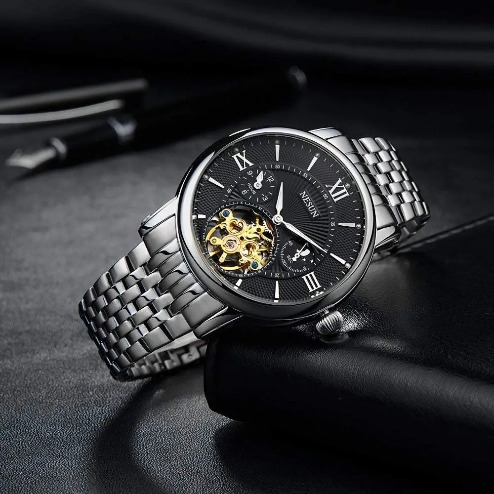 Skeleton Watch MASTOP Men's Analog Automatic Mechanical Watch Luminous Moon Phase 24-Hours Time abroad nevus rhythmical eighteen unity Indication Gold 