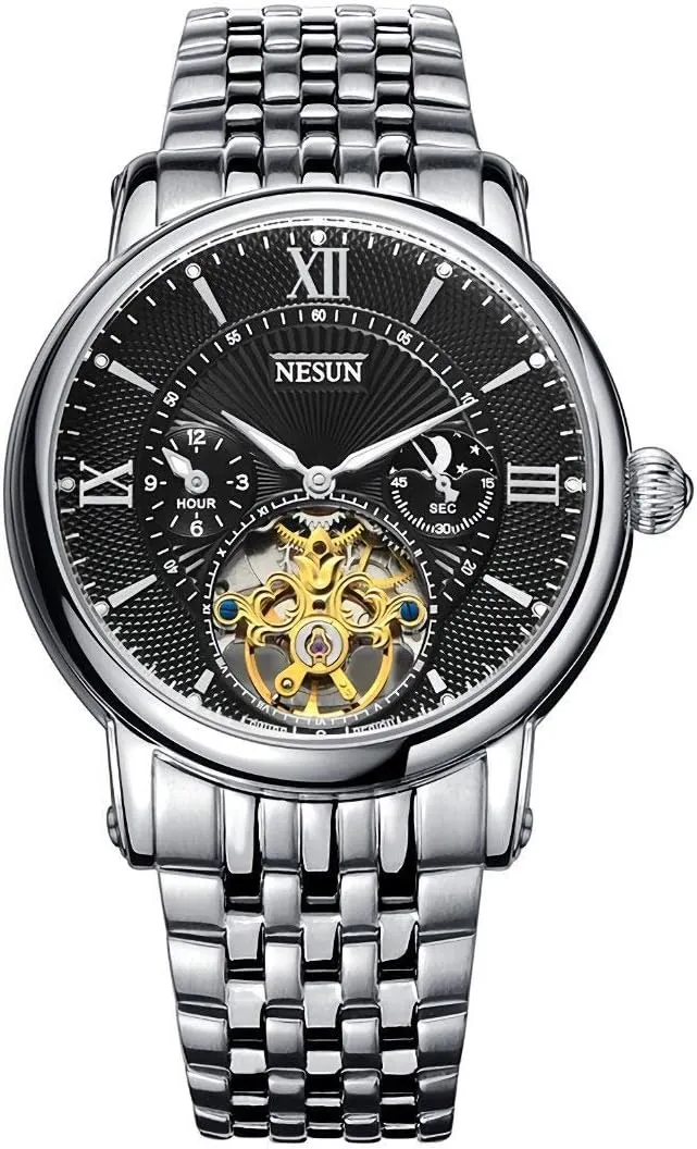 Skeleton Watch MASTOP Men's Analog Automatic Mechanical Watch Luminous Moon Phase 24-Hours Time abroad nevus rhythmical eighteen unity Indication Gold 