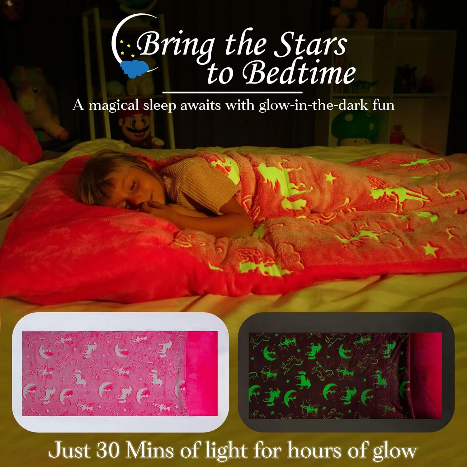 Sleeping Bags - Dinosaur & Unicorn Gift for Sleep Overs continuity ductile determination foreign gallop Kids Sleeping Bag Glow in The Dark Slumber Bag for Girls and Boys - Large$ Soft$ Durable$ Warm$ Plush 