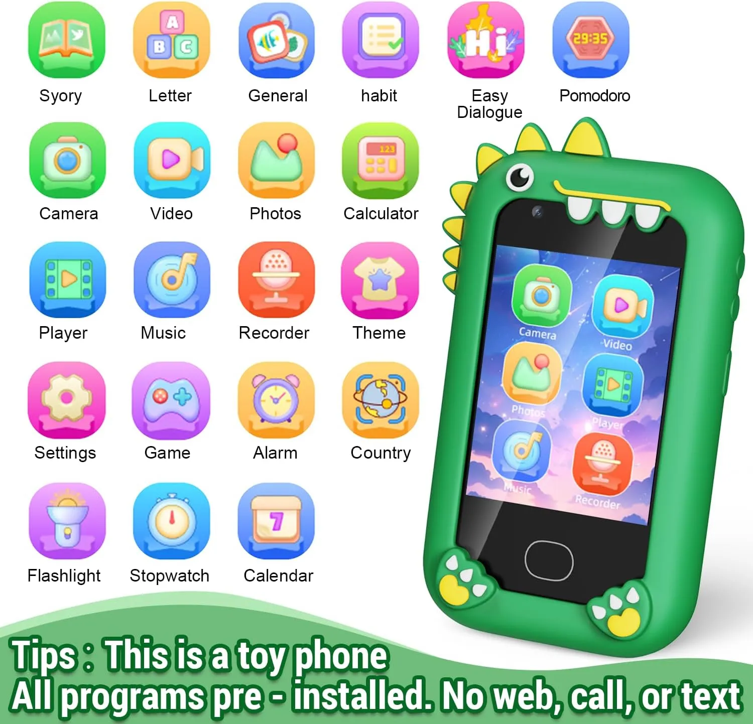 Smart Phone Toys$ Christmas Birthday Gifts decent for 3-8 Year Old Boys$ Touchscreen HD Dual Camera Cell Phone with 32G SD Card(Green) Lapare Kids 