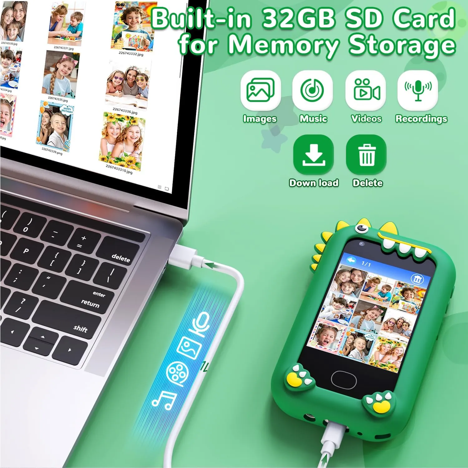 Smart Phone Toys$ Christmas Birthday Gifts decent for 3-8 Year Old Boys$ Touchscreen HD Dual Camera Cell Phone with 32G SD Card(Green) Lapare Kids 