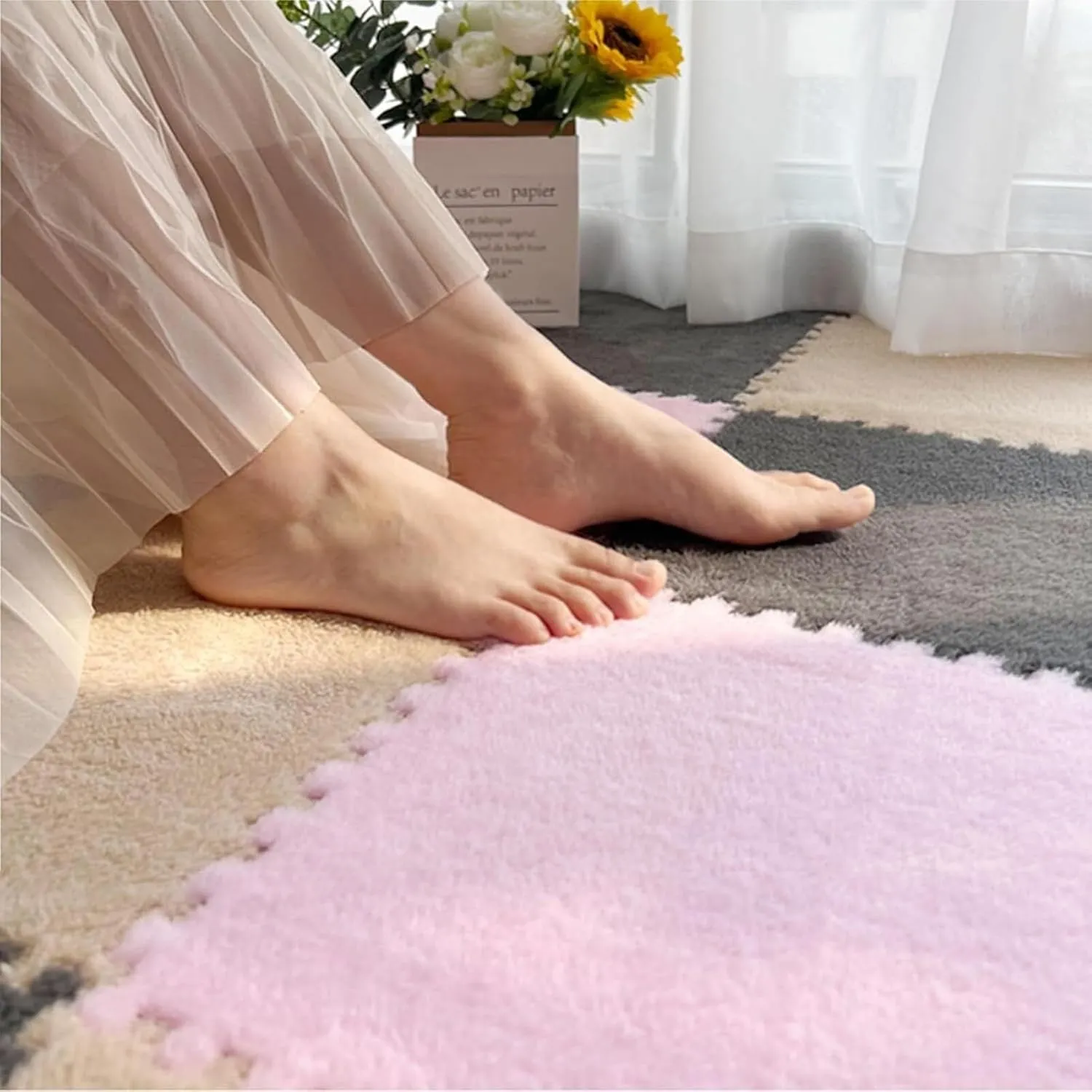 Square Carpet Foam Mats, Play foreshorten hover Exercise Protection Mats(Light Brown) 12pcs Interlocking Soft Foam Floor Mat Plush Puzzle Tiles Rugs, 30cm 