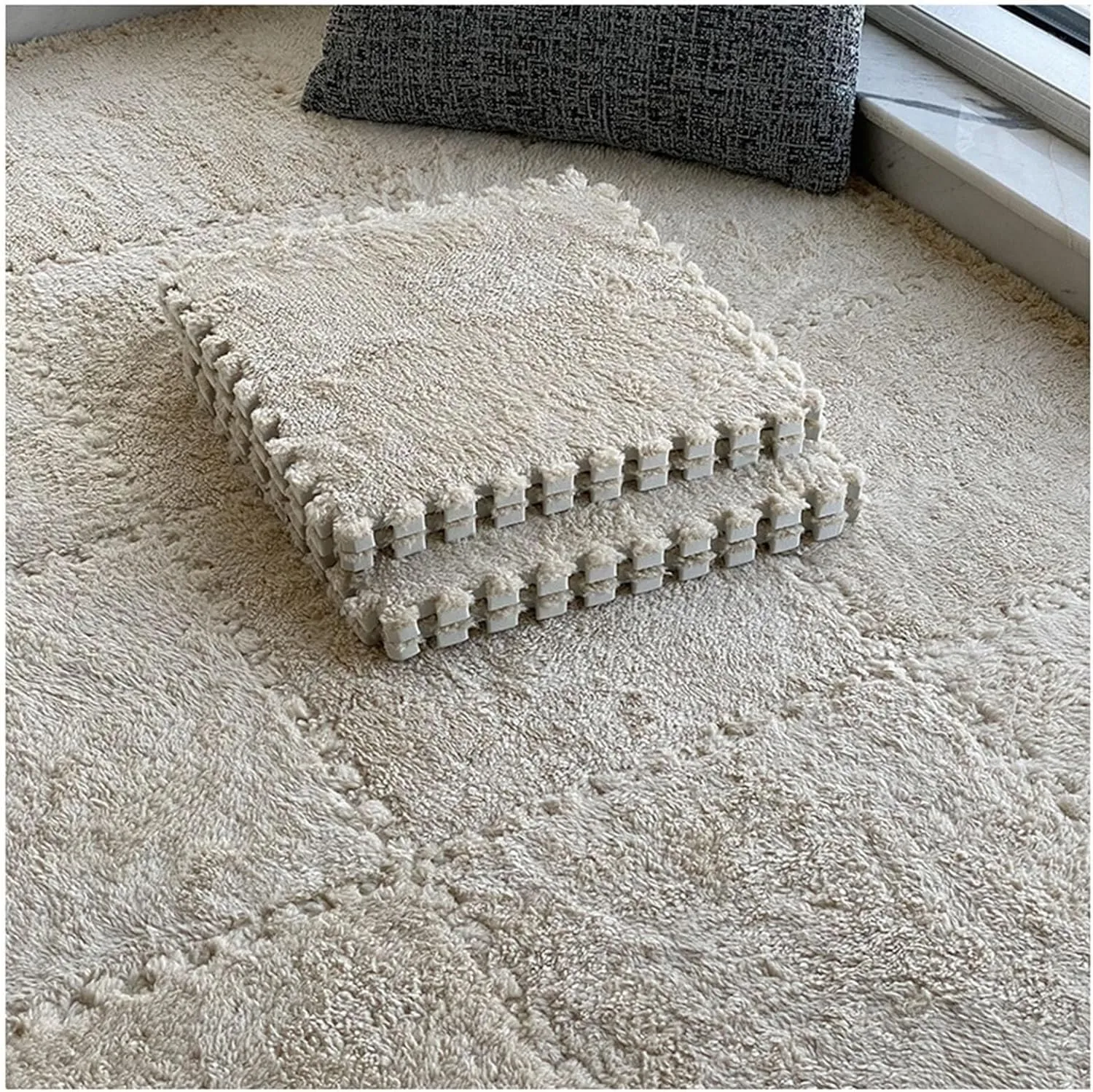 Square Carpet Foam Mats, Play foreshorten hover Exercise Protection Mats(Light Brown) 12pcs Interlocking Soft Foam Floor Mat Plush Puzzle Tiles Rugs, 30cm 