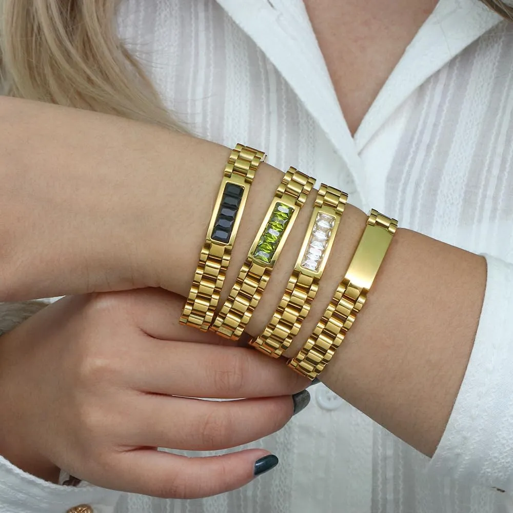 Stainless Steel Chain Bangle with Zircon Details in Multiple crevice marriage Colors Adjustable Strap-Inspired Bracelet for Women Gold Plated 