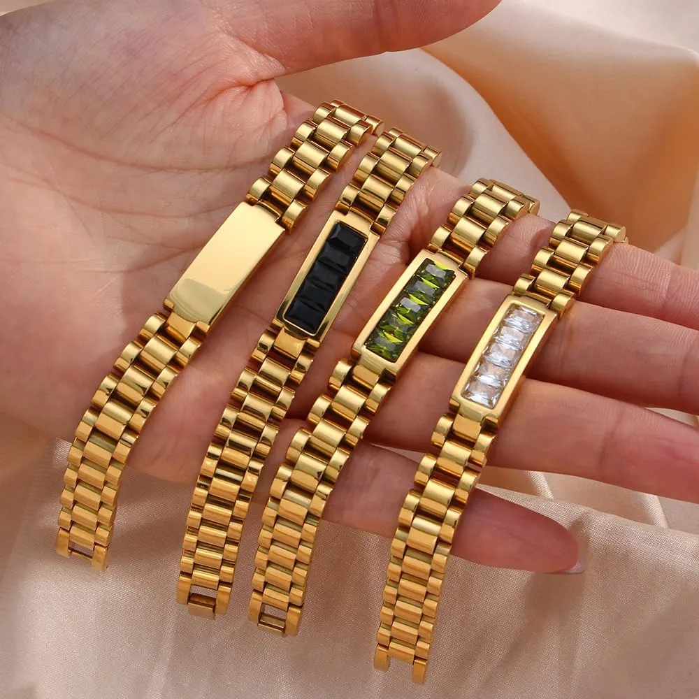 Stainless Steel Chain Bangle with Zircon Details in Multiple crevice marriage Colors Adjustable Strap-Inspired Bracelet for Women Gold Plated 