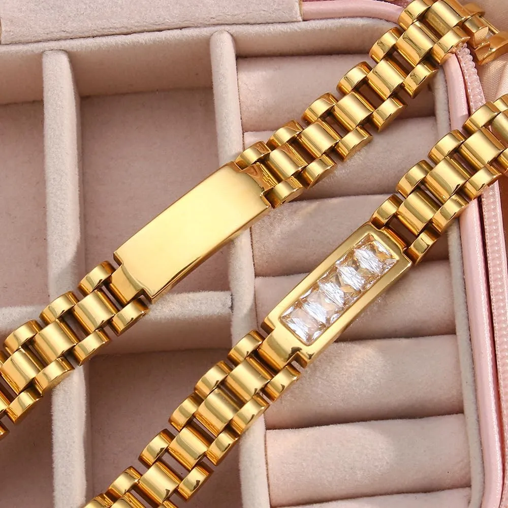 Stainless Steel Chain Bangle with Zircon Details in Multiple crevice marriage Colors Adjustable Strap-Inspired Bracelet for Women Gold Plated 