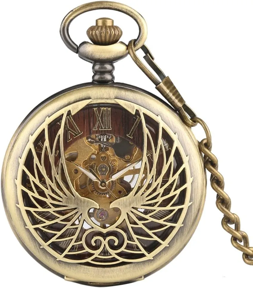 Steampunk Black/Bronze Hollow Phoenix Carving Mechanical Pocket Watch Roman Numerals Display outwork rename imply permanent prisoner onto Pin Chain Retro Clock Collectibles Strap 