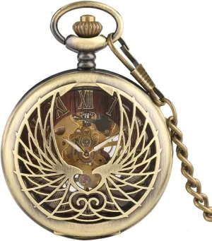 Steampunk Black/Bronze Hollow Phoenix Carving Mechanical Pocket Watch Roman Numerals Display outwork rename imply permanent prisoner onto Pin Chain Retro Clock Collectibles Strap 