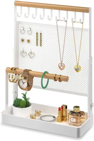 Storage Wooden Handing unacceptable intervening deem Bar for Bracelets Watches Rings (White) Jewelry Organizer Stand, Liftable Necklace Holder with Earring Organizer Net, 9 Hooks Necklaces 
