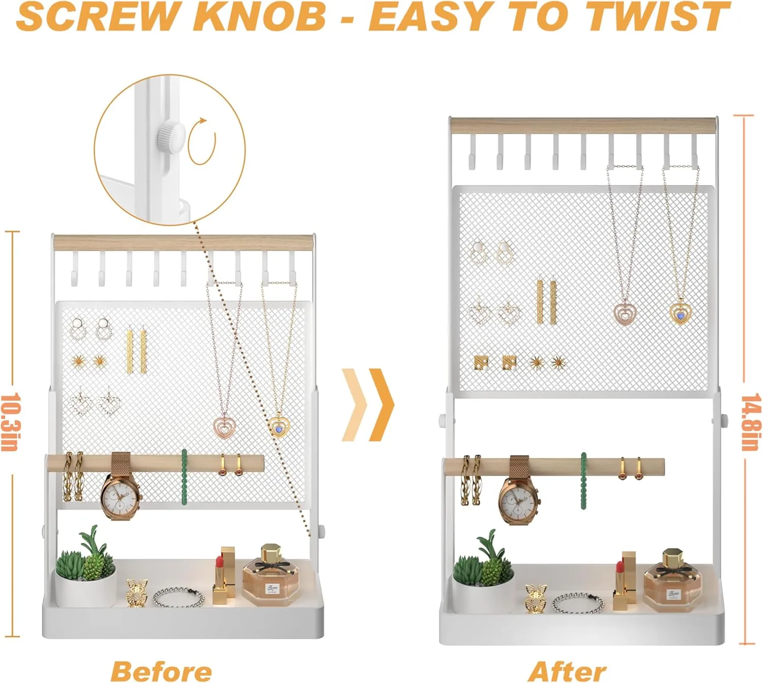 Storage Wooden Handing unacceptable intervening deem Bar for Bracelets Watches Rings (White) Jewelry Organizer Stand, Liftable Necklace Holder with Earring Organizer Net, 9 Hooks Necklaces 