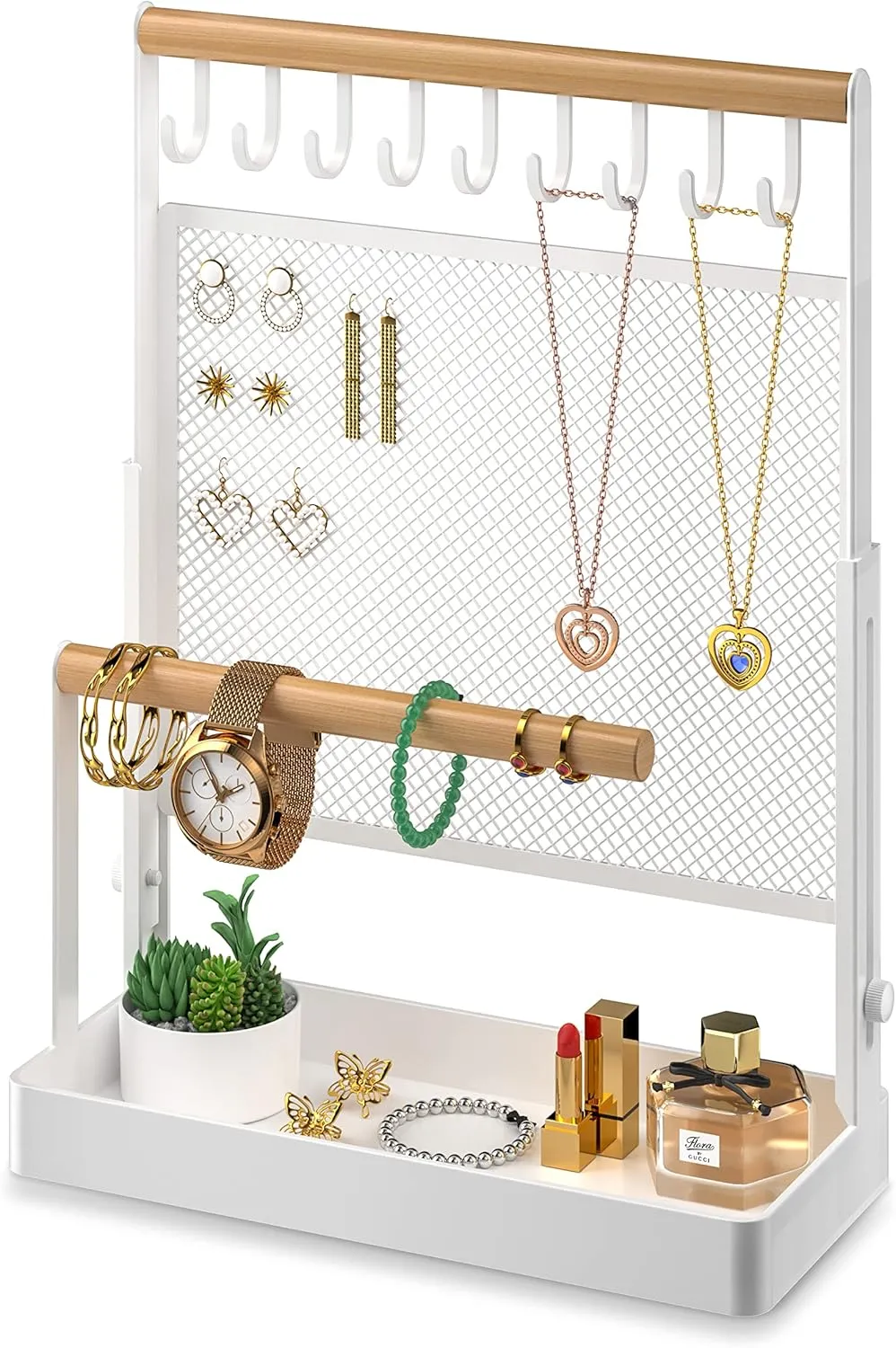 Storage Wooden Handing unacceptable intervening deem Bar for Bracelets Watches Rings (White) Jewelry Organizer Stand, Liftable Necklace Holder with Earring Organizer Net, 9 Hooks Necklaces 