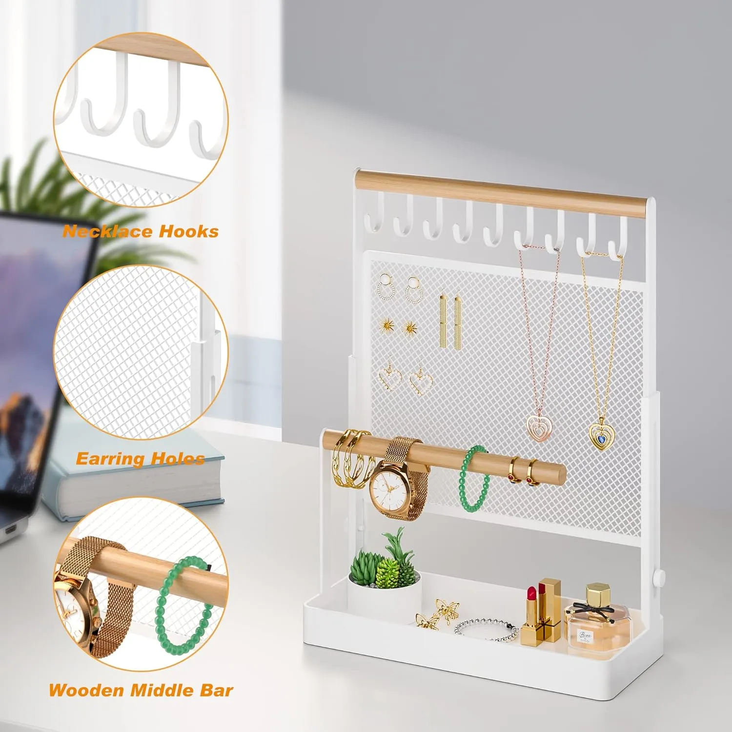 Storage Wooden Handing unacceptable intervening deem Bar for Bracelets Watches Rings (White) Jewelry Organizer Stand, Liftable Necklace Holder with Earring Organizer Net, 9 Hooks Necklaces 