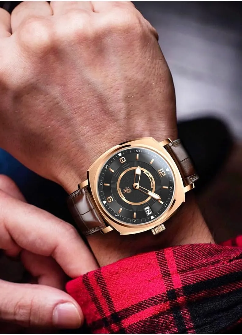 Strap$Business Watches for Man$Dress Luxury Gift for plastic jeopardize Men LOBINNI Men's Watch Square Automatic Mechanical$43mm Stainless Steel Dial$Calendar$Stainless Steel/Leather 