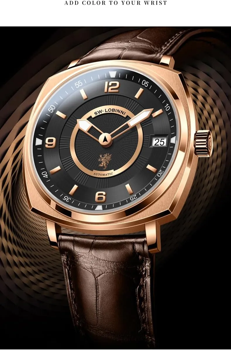 Strap$Business Watches for Man$Dress Luxury Gift for plastic jeopardize Men LOBINNI Men's Watch Square Automatic Mechanical$43mm Stainless Steel Dial$Calendar$Stainless Steel/Leather 