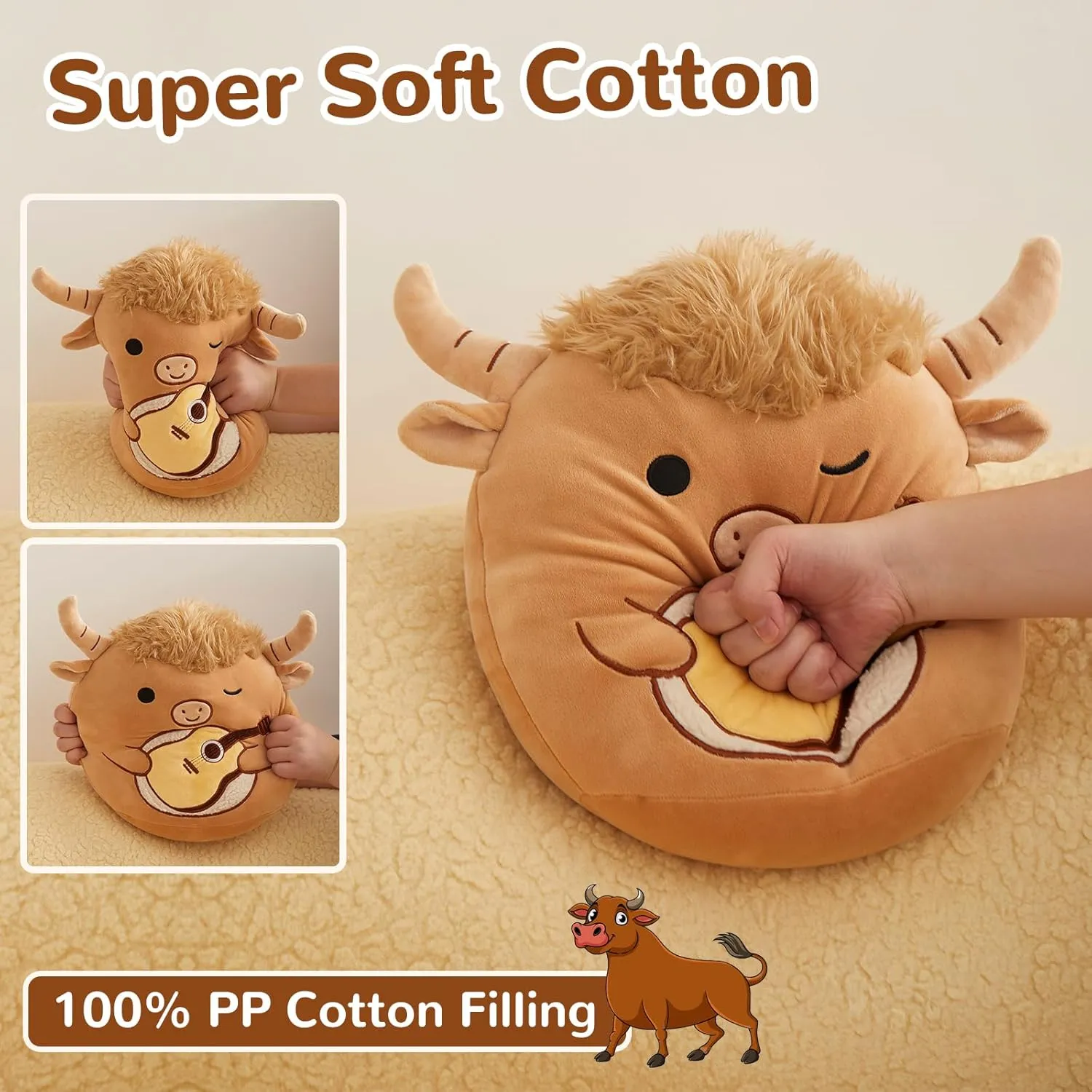 Stuffed Animal Soft Toy - Birthday Gift for Boys Girls hone nerve Kids - Brown Cow Holding Guitar Glow Guards 12'' Scottish Highland Cow Plush Pillow - Cute 