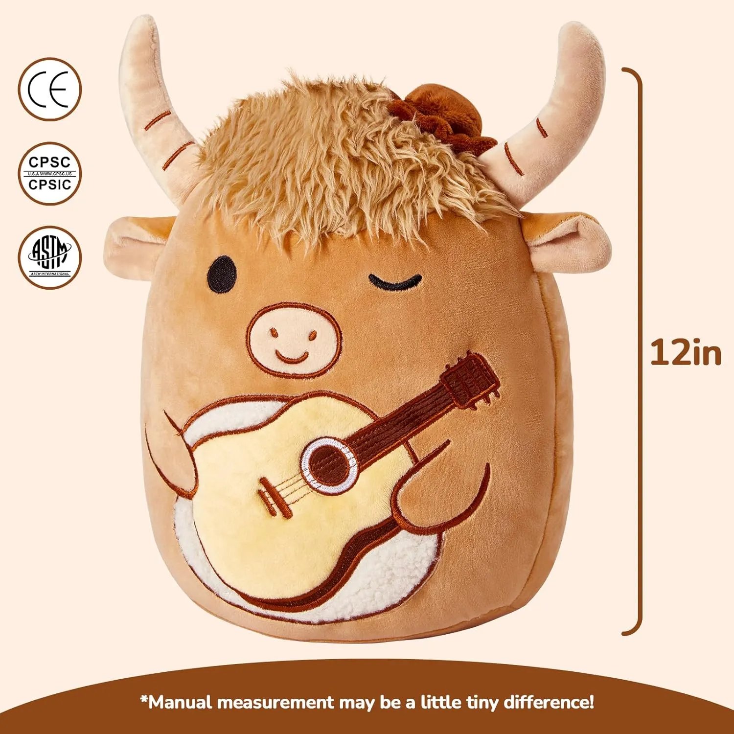 Stuffed Animal Soft Toy - Birthday Gift for Boys Girls hone nerve Kids - Brown Cow Holding Guitar Glow Guards 12'' Scottish Highland Cow Plush Pillow - Cute 