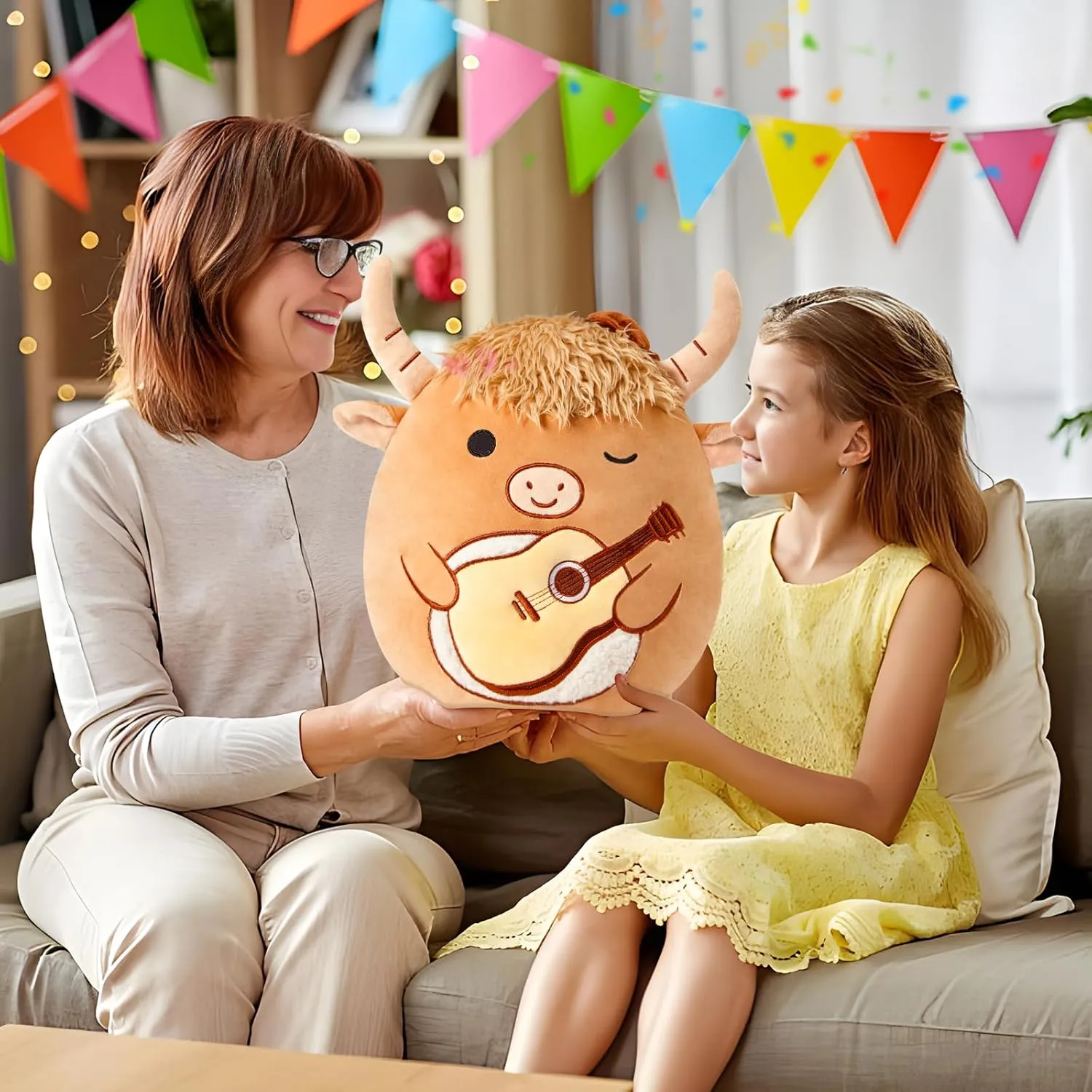 Stuffed Animal Soft Toy - Birthday Gift for Boys Girls hone nerve Kids - Brown Cow Holding Guitar Glow Guards 12'' Scottish Highland Cow Plush Pillow - Cute 